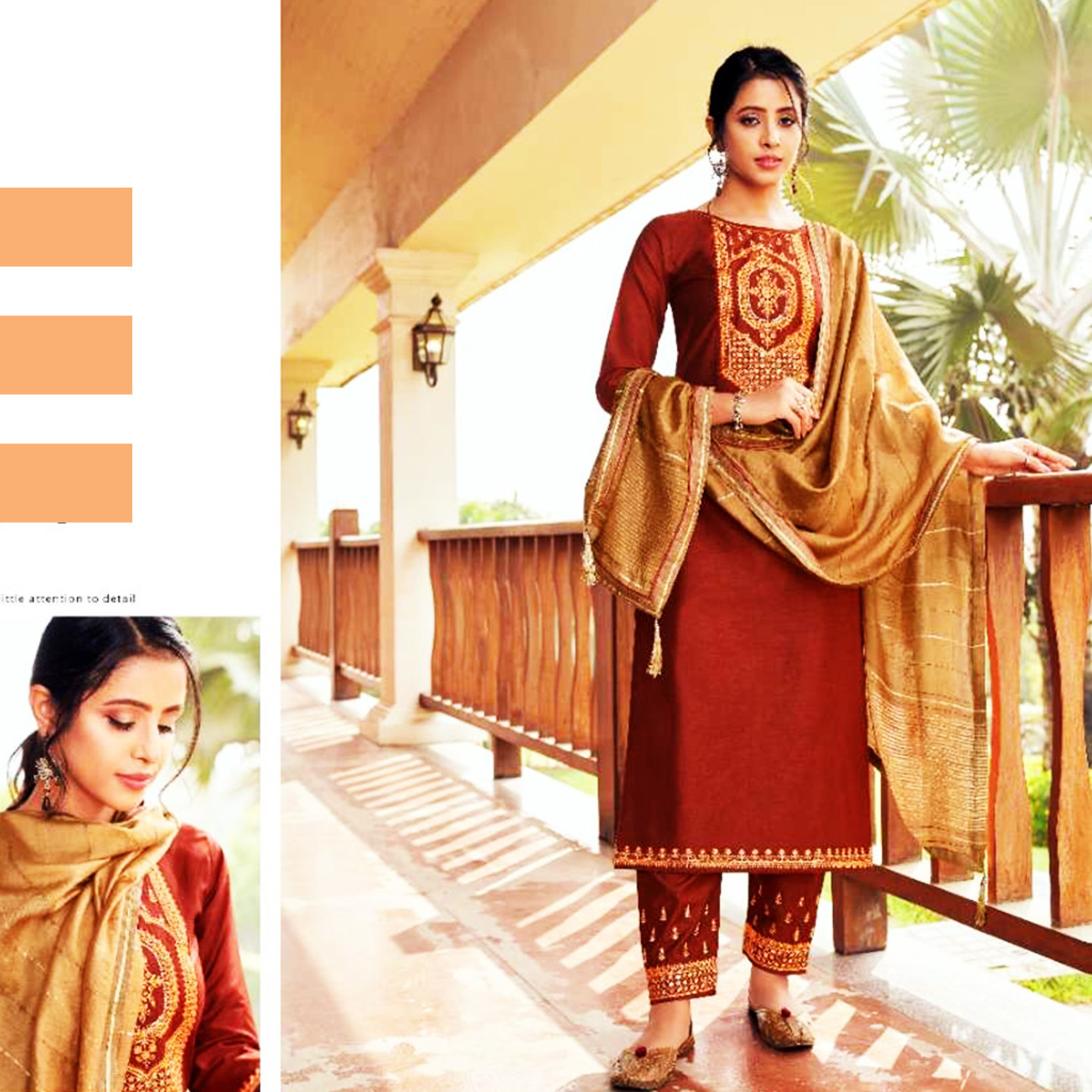 Women Dark Brown Embroidered Pure Cotton Silk Kurta with Pants & Dupatta