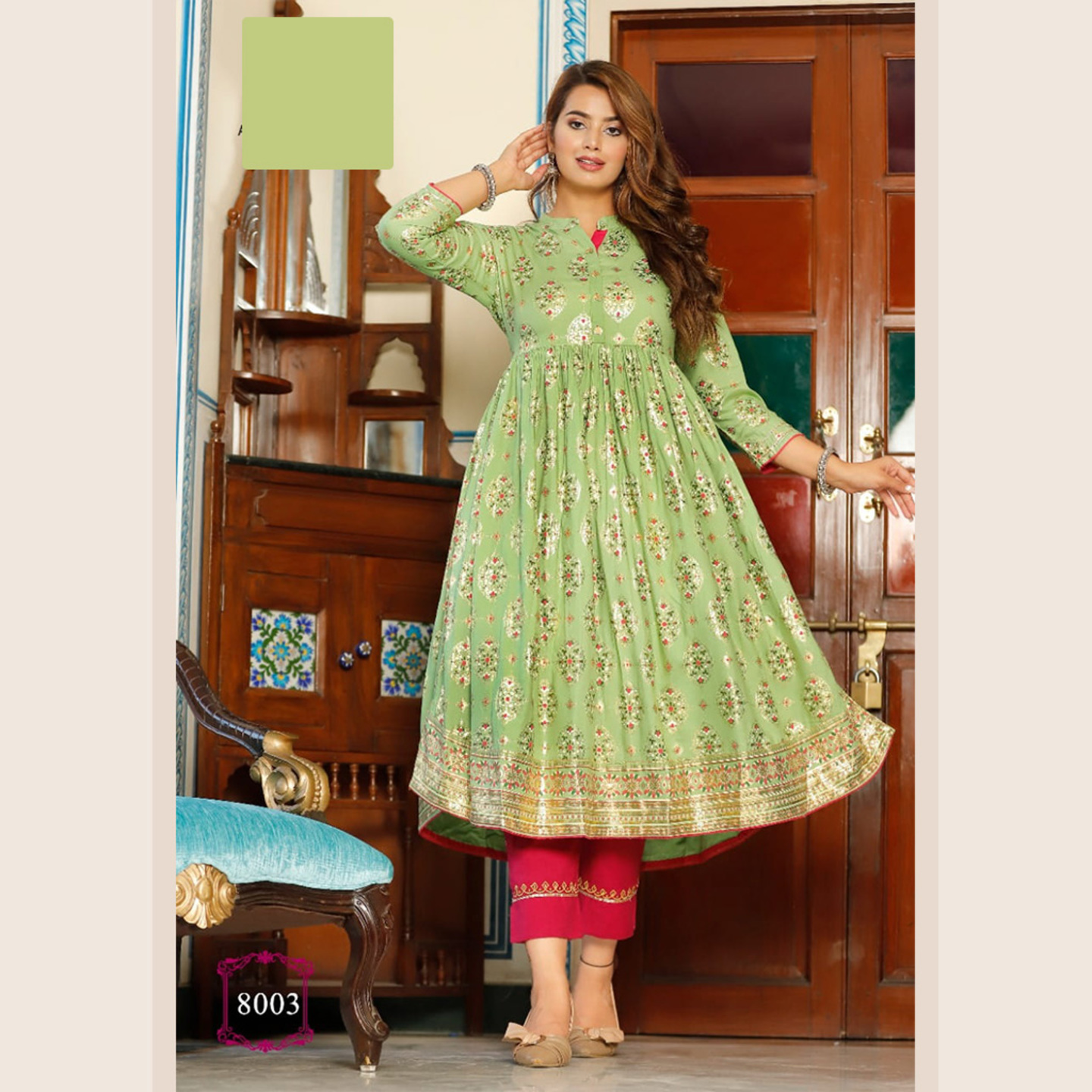 Liva Fashion Women Pistachio Green Gold Foil Print Anarkali Kurti