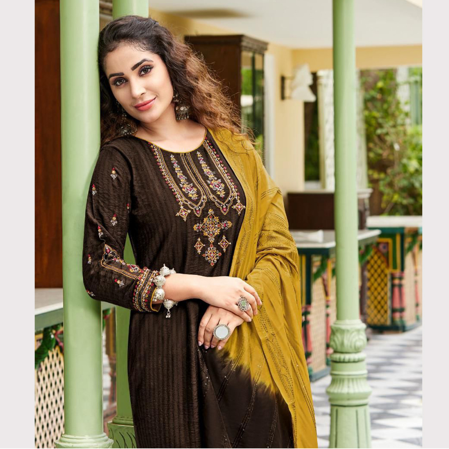 TALK BY FASHION Women Viscose Silk Kurta with Pants & Dupatta Dark Choco color