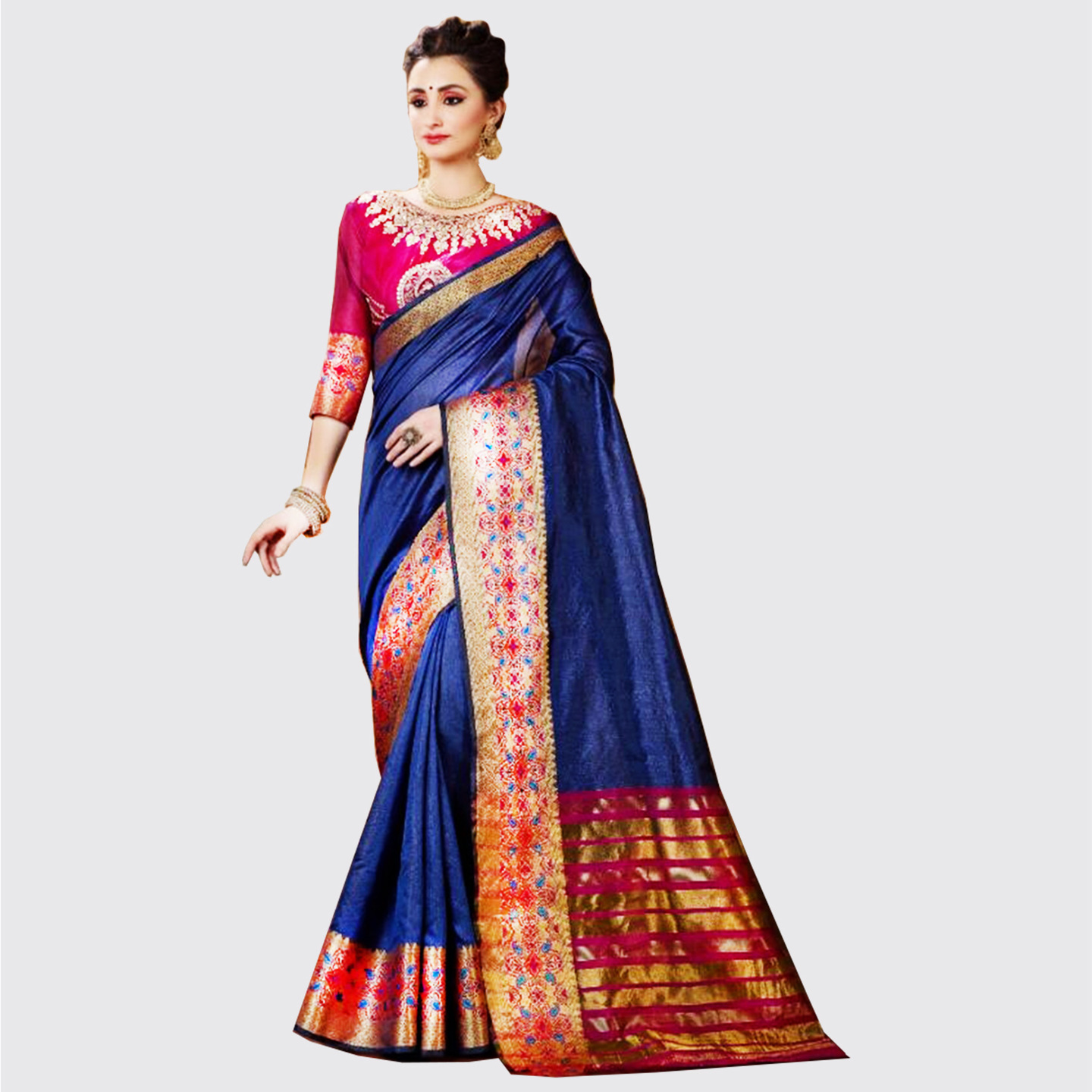 Talk By Fashion Women Banarasi Silk Saree Dark Blue with Pink Blouse