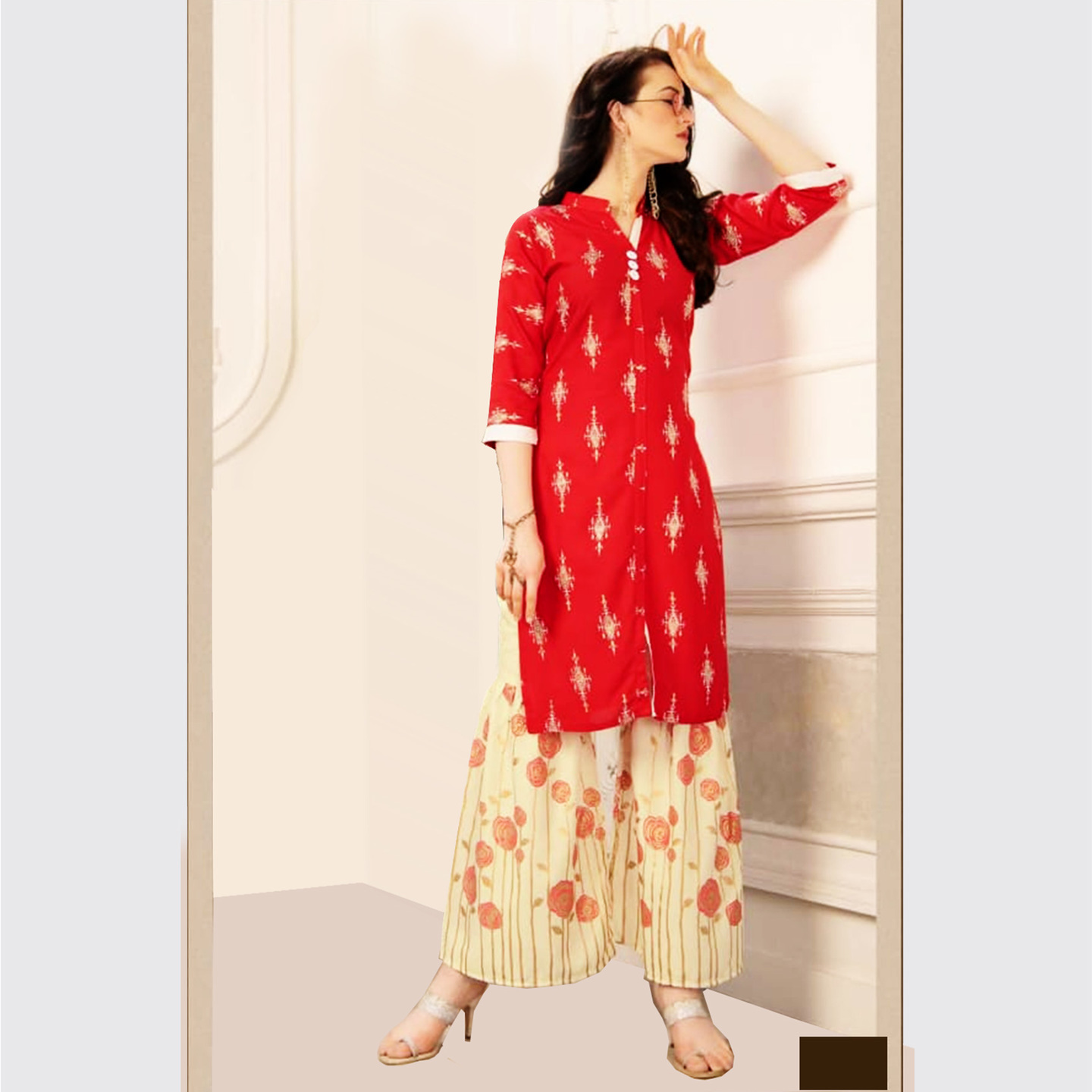 Talk By Fashion Women Rayon Gold Printed Kurti with Palazzo Set Light Red