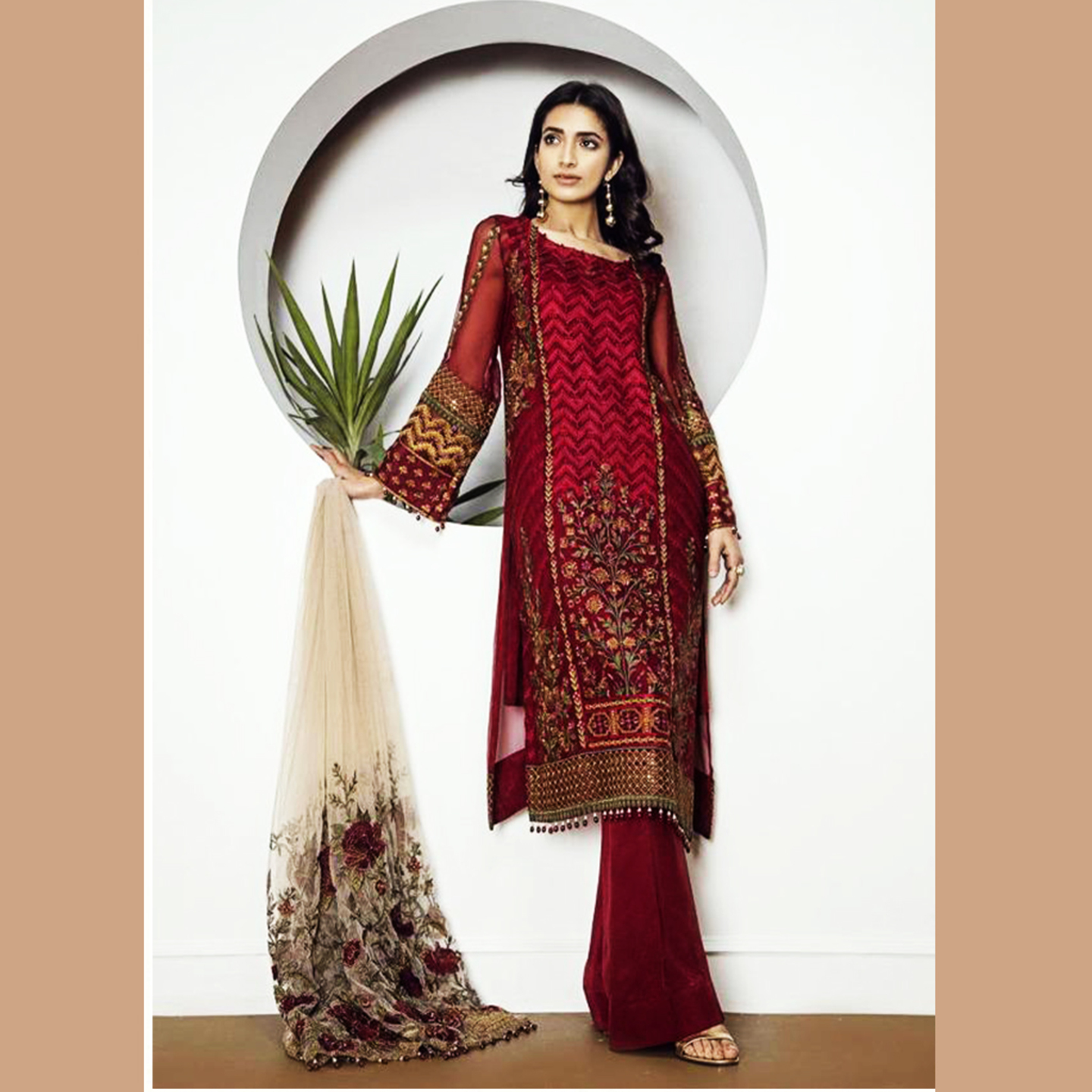 Rinaz Heavy Embroidered Dark Maroon Color Georgette Silk Dress Material