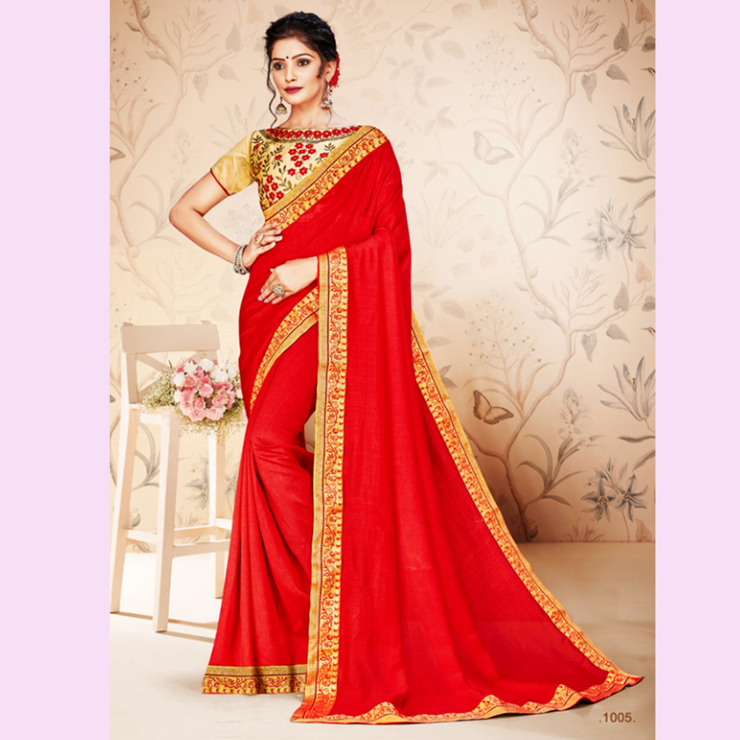 Talk By Fashion Women Solid Coral Red Vichitra Silk Saree with Border