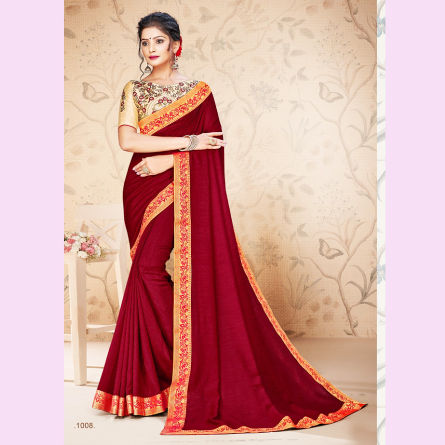 Talk By Fashion Women Pink Solid Vichitra Silk Saree with Border
