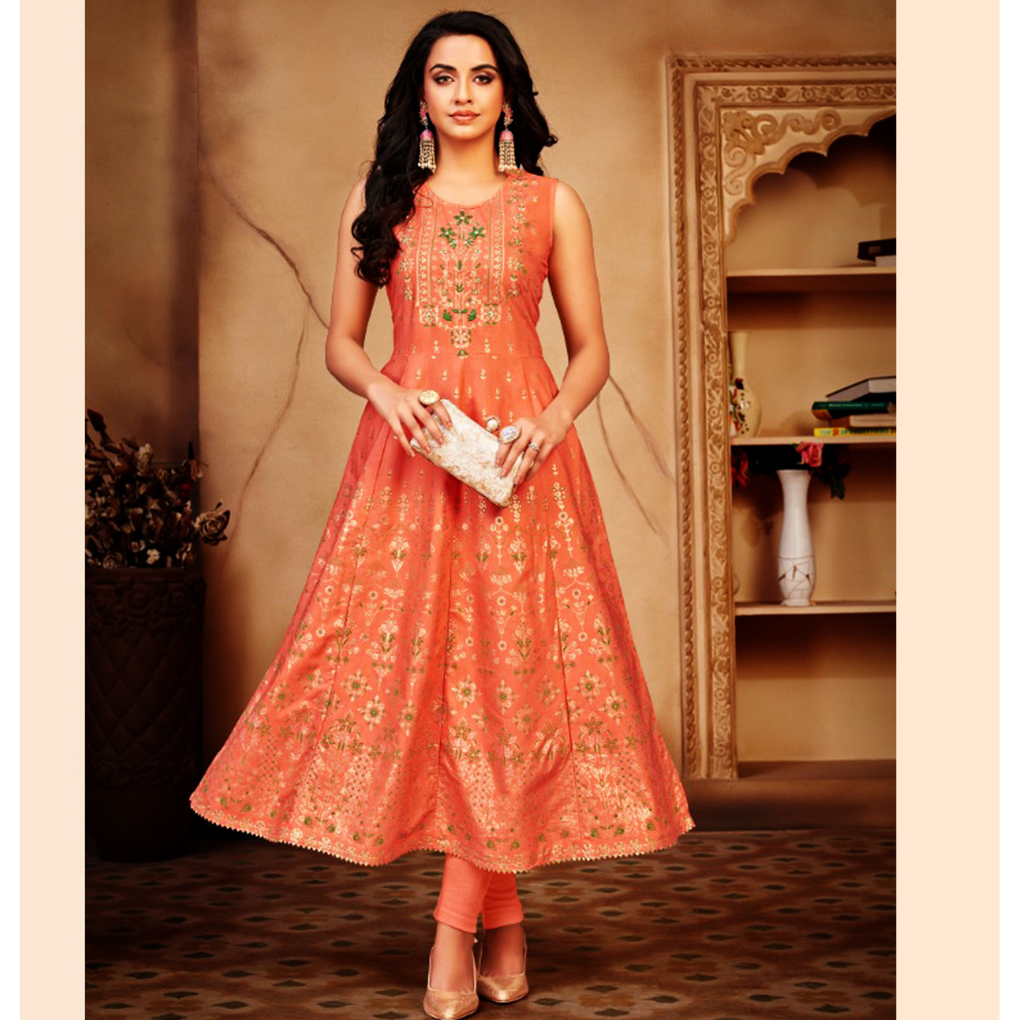 Talk By Fashion Women Pure Viscose Fancy Anarkali Kurti Light Peach