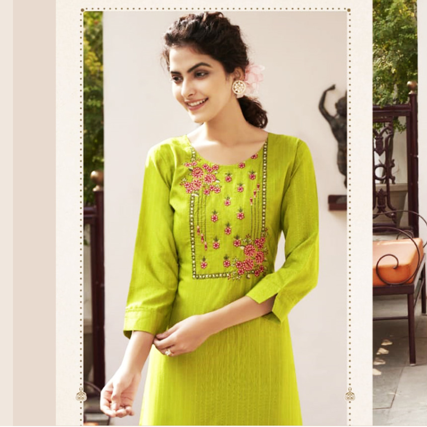 Talk By Fashion Women Embroidered Leaf Green Color Cotton Linen Straight Kurti