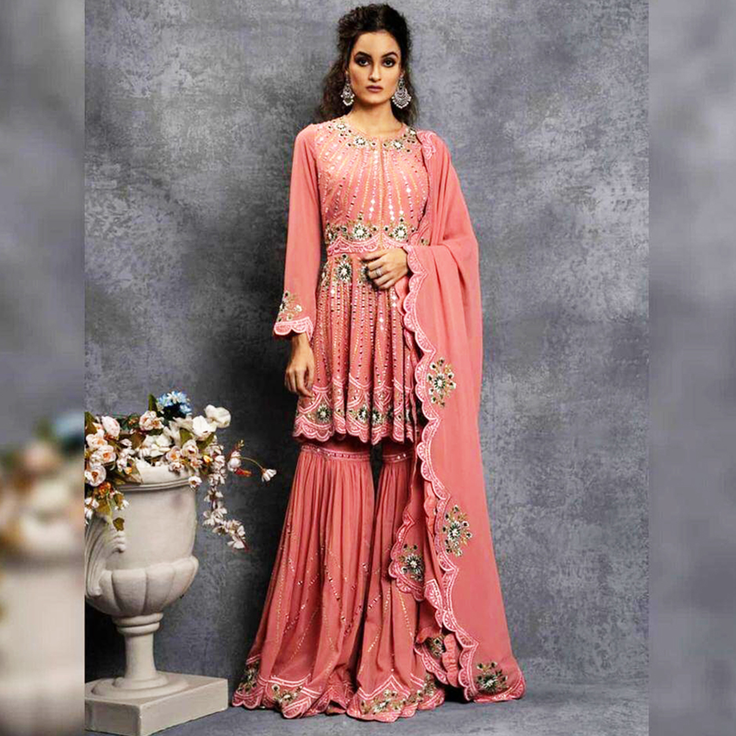 Women Carrot Color Embroidered Frock Kurti with Flared Sharara Dupatta Set