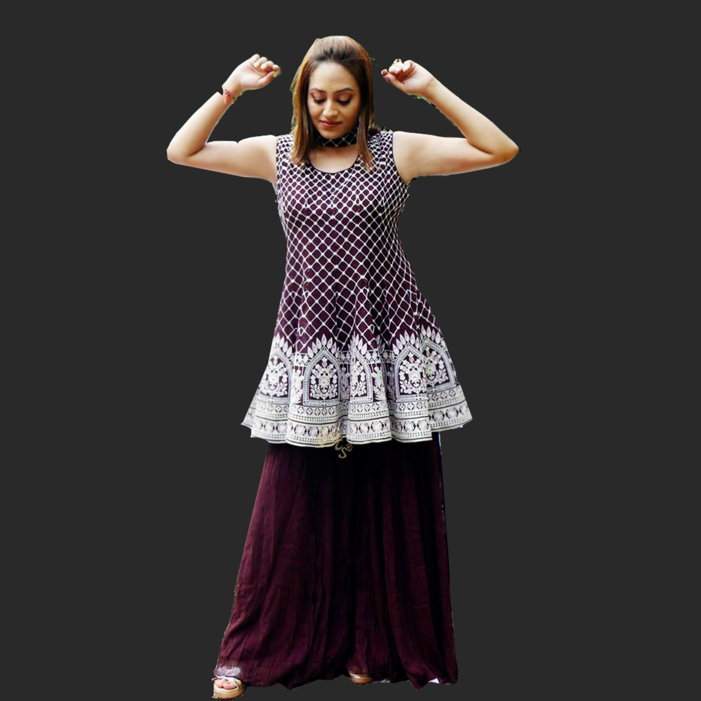Women Black Berry Color Embroidered Kurta with Sharara Dupatta Set