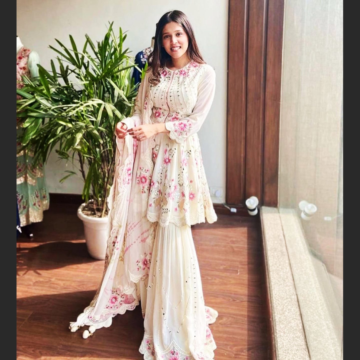 Women White Color Embroidered Frock Kurti with Flared Sharara Dupatta Set