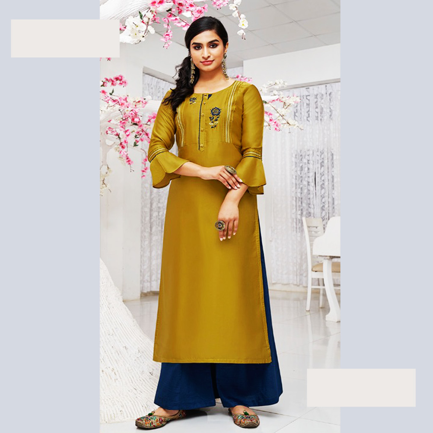 Talk By Fashion Women Heavy Russian Silk Embroidered Kurti with Palazzo Set
