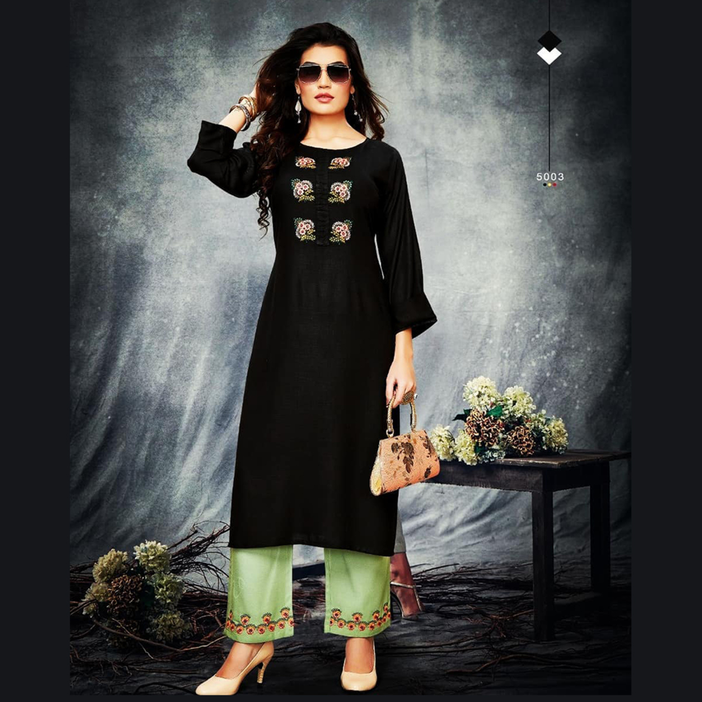 Talk By Fashion Women Embroidered Kurti with Palazzo Set Black