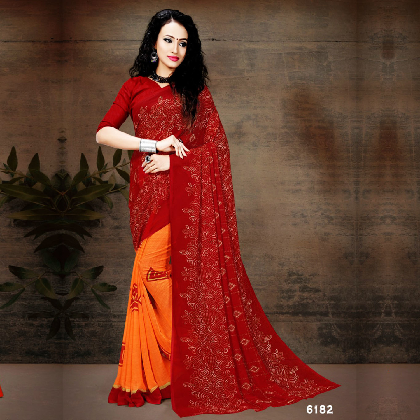 Talk By Fashion Women Ranial Georgette Printed Saree Red-Orange