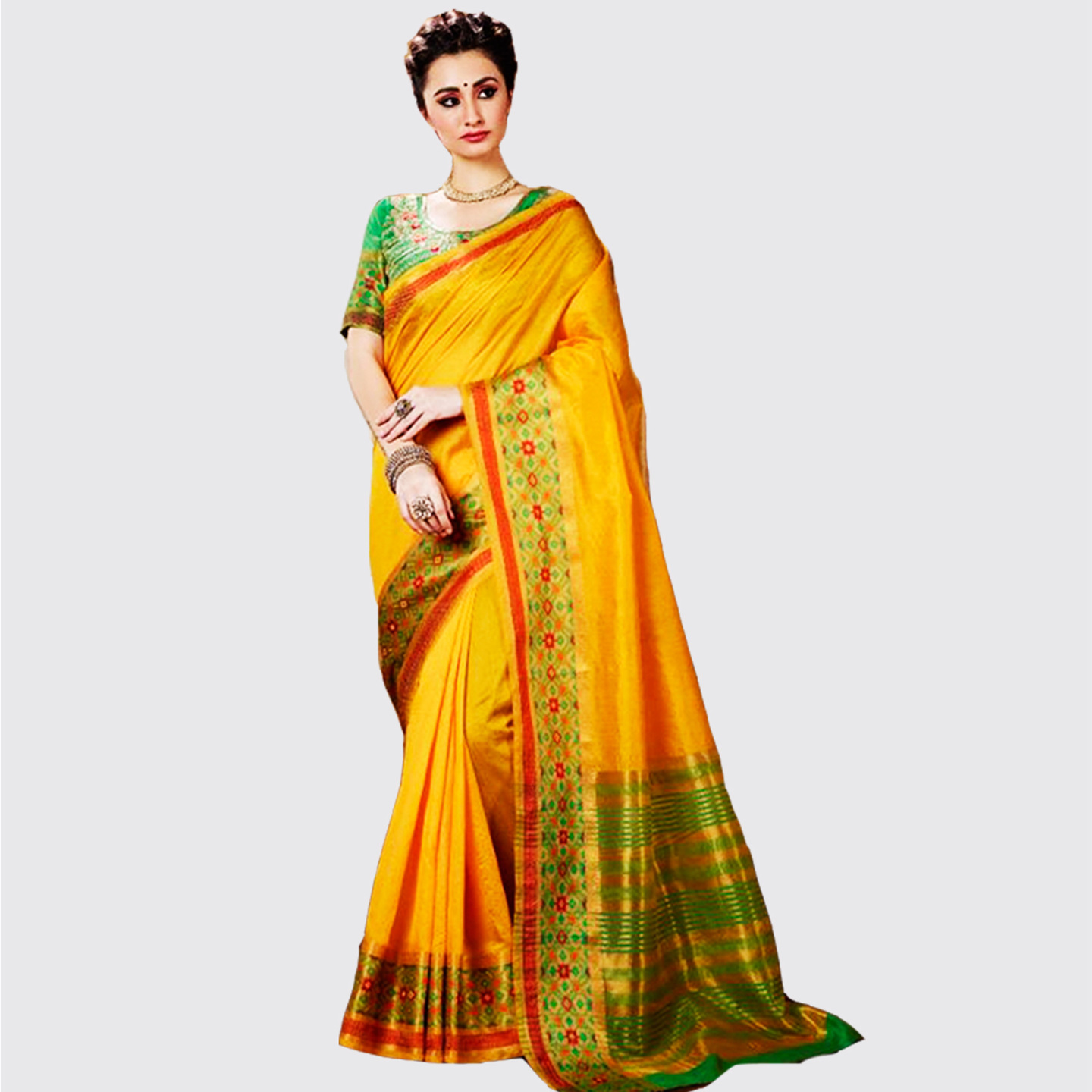 Talk By Fashion Women Banarasi Silk Saree Yellow with Green Blouse