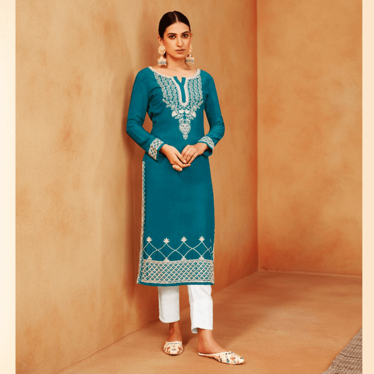 Talk By Fashion Women Blue Heavy Embroidered Lucknowi Kurta with Pants