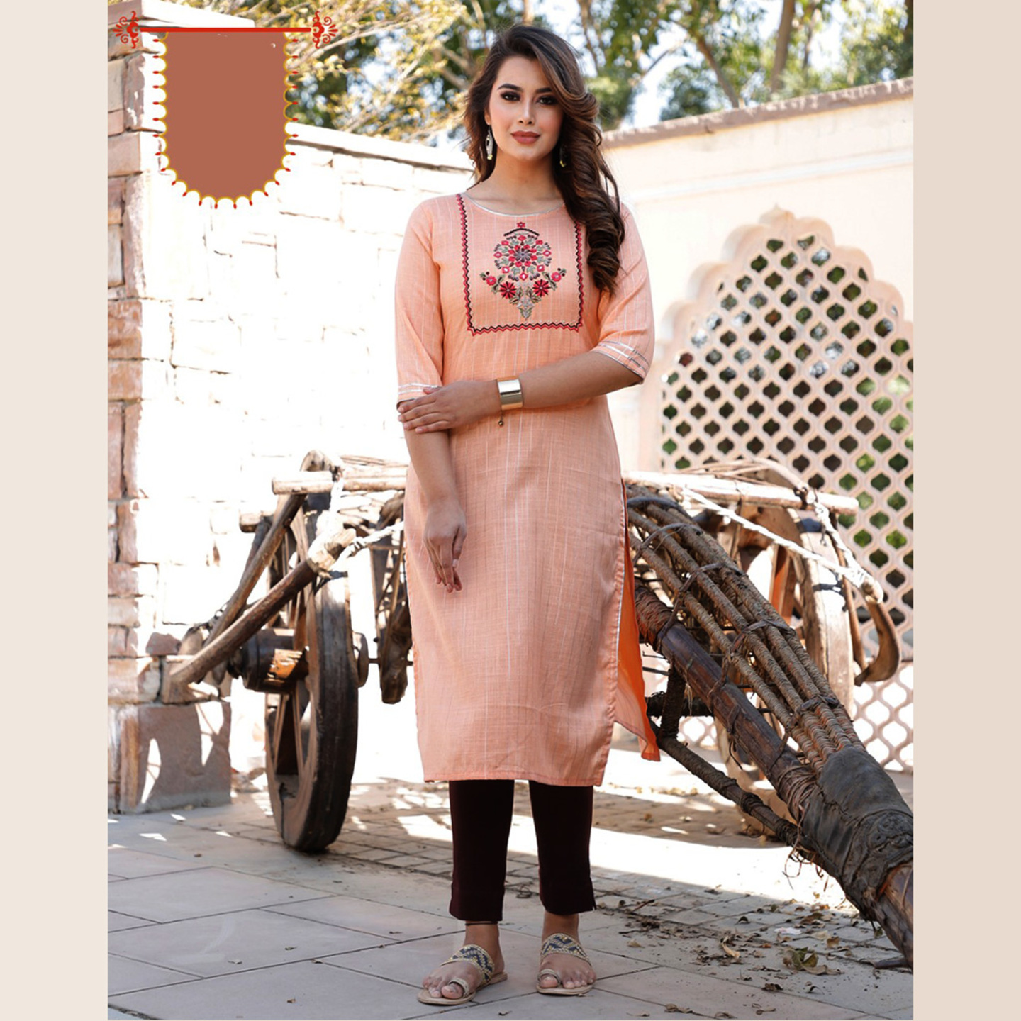 Talk By Fashion Peach Color Embroidered Cotton Lurex Straight Kurti