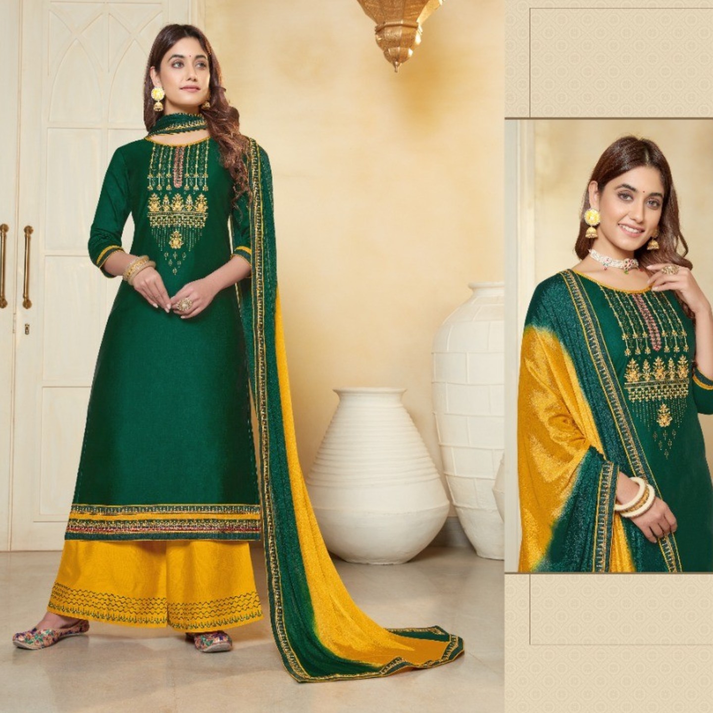 Women Bottal Green with Yellow Color Pure Jam Silk Embroidered Kessi Dress Material