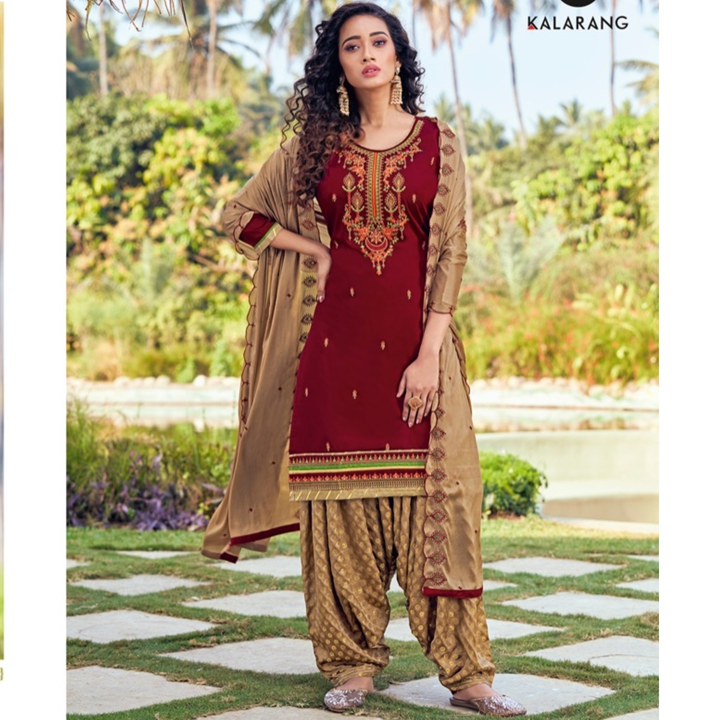 Women Dark Maroon with Beige Color Pure Jam Silk Embroidered Kessi Dress Material