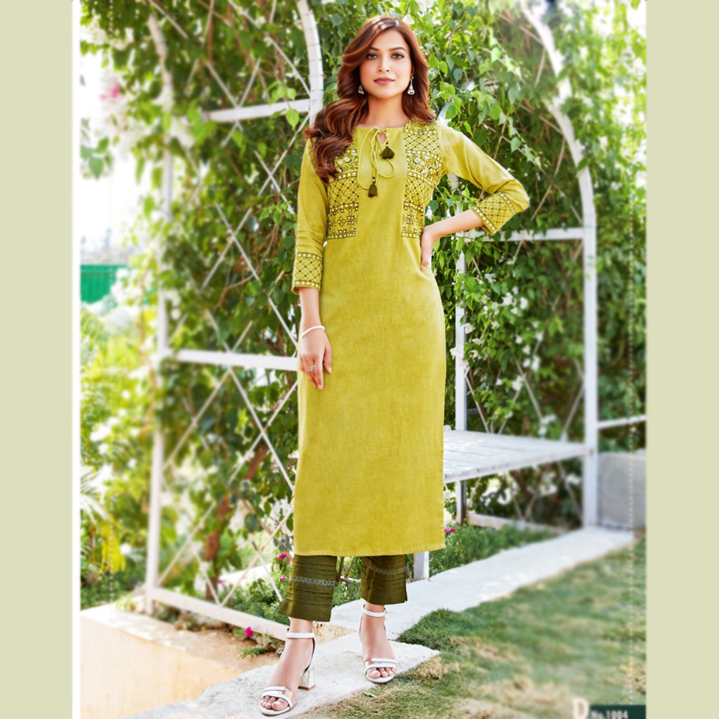 Ladies Flavour Women Henna Green Color Embroidered Straight Kurta with Pants