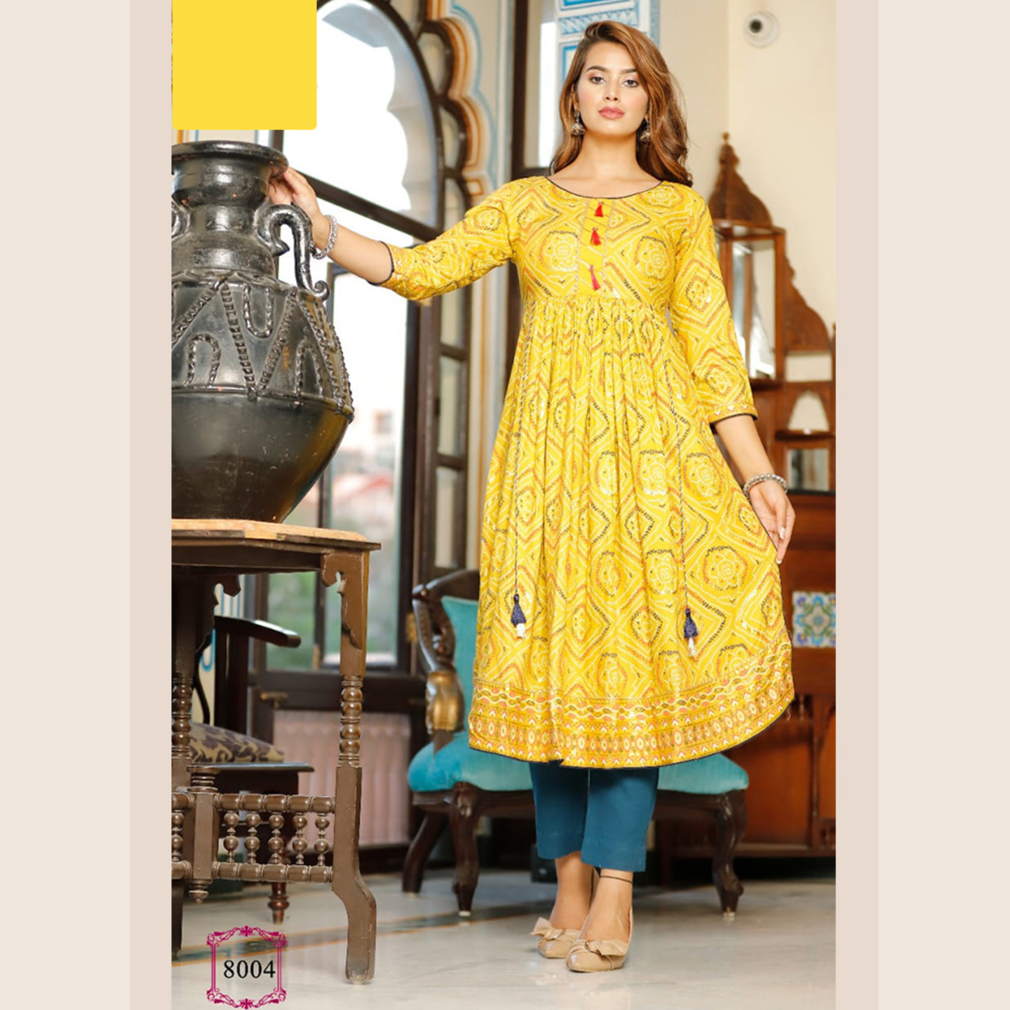 Liva Fashion Women Yellow Color Bandhani Print Anarkali Kurti