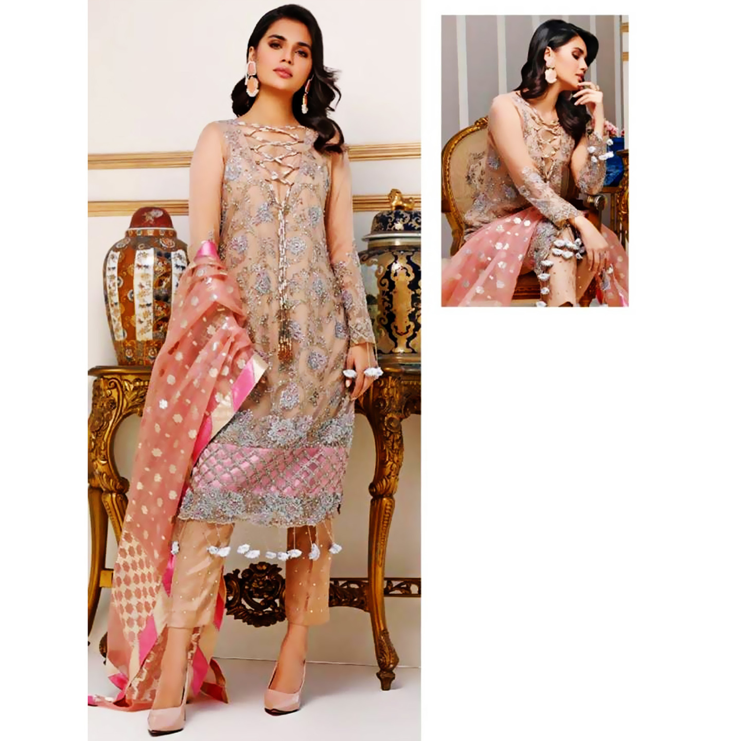 Talk By Fashion Women Fox Georgette Heavy Embroidery Dress Material Golden Peach