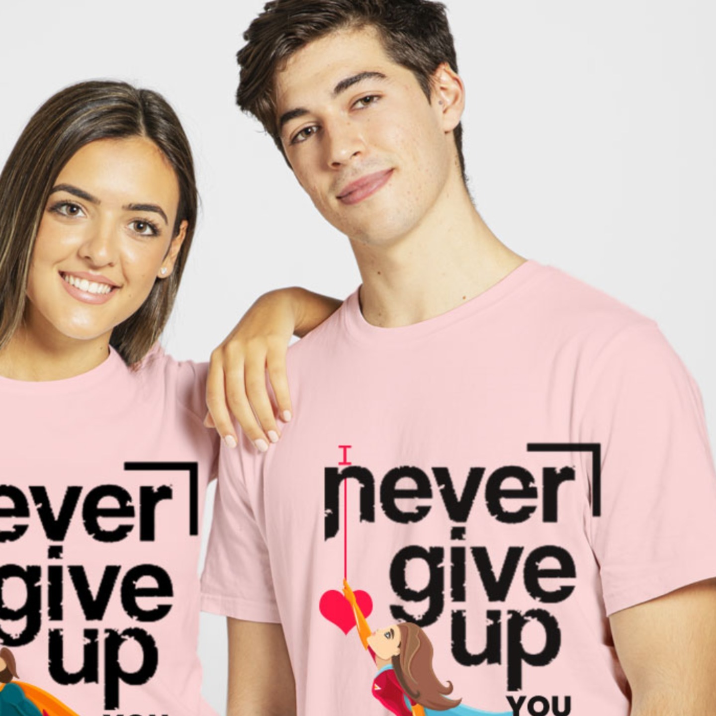Talk By Fashion Never Give-up Couple T shirt Pink