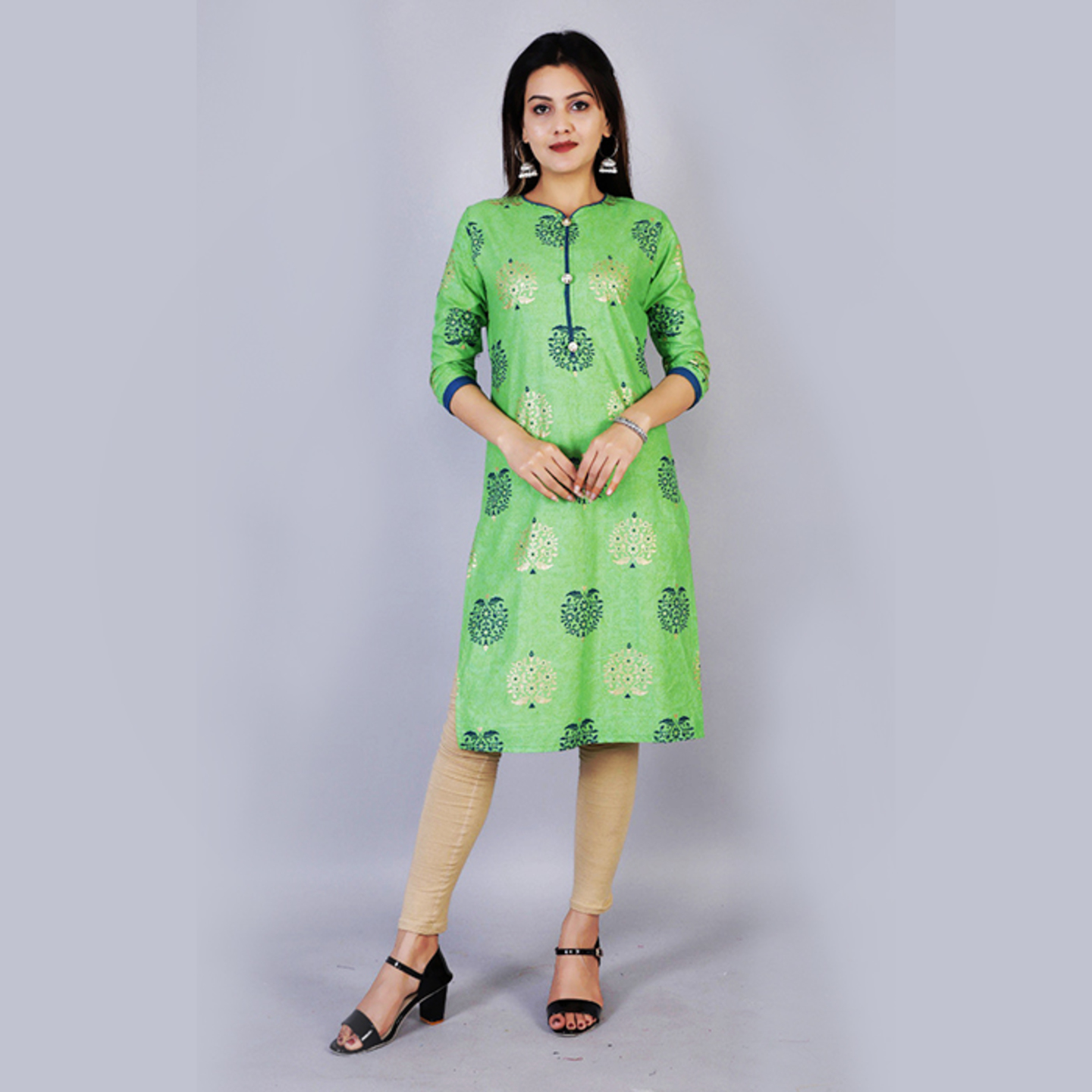 Talk By Fashion Women Cotton Gold Printed Kurti Pistachio Green