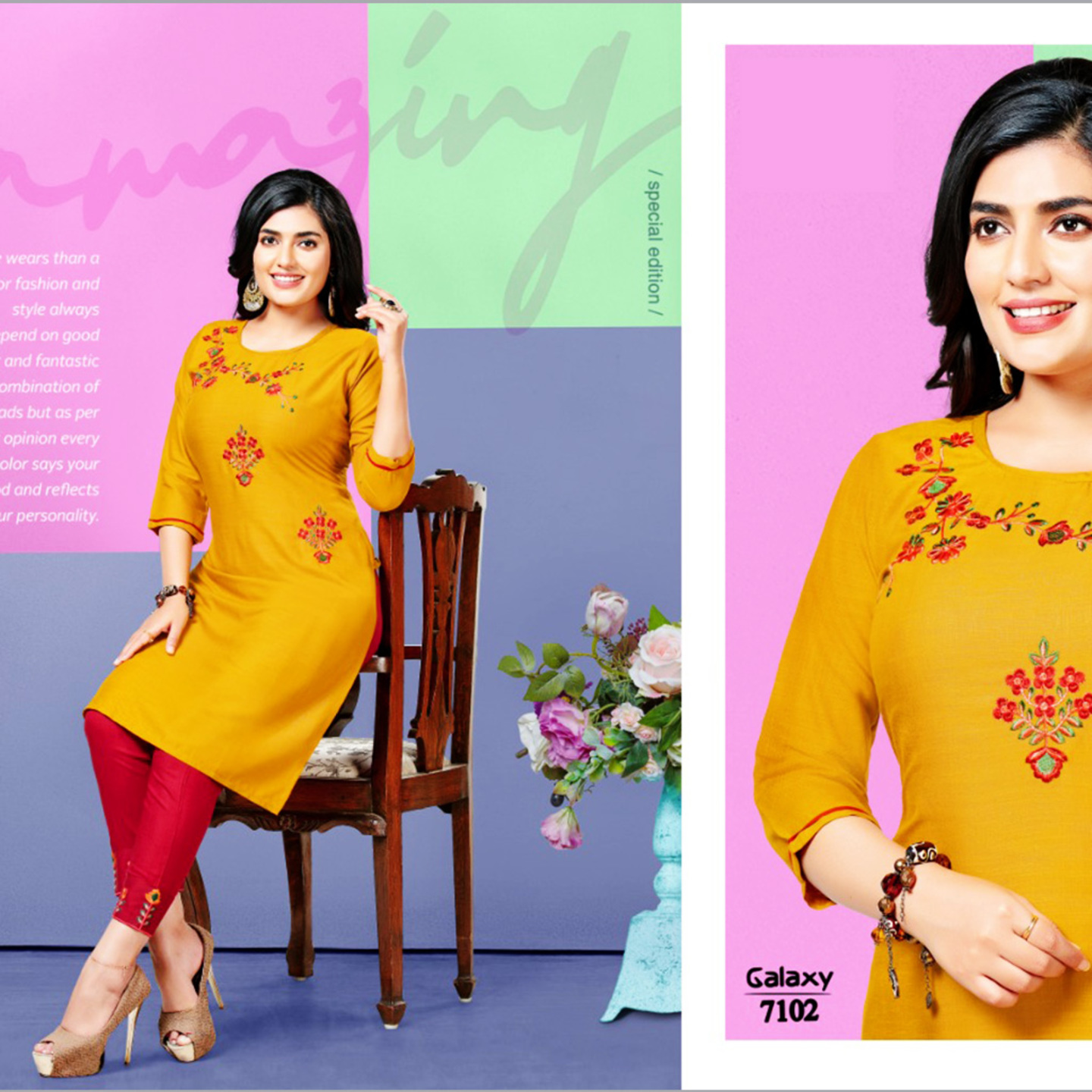Women Mustered Yellow & Pink Cotton Embroidered Straight Kurti with Pants