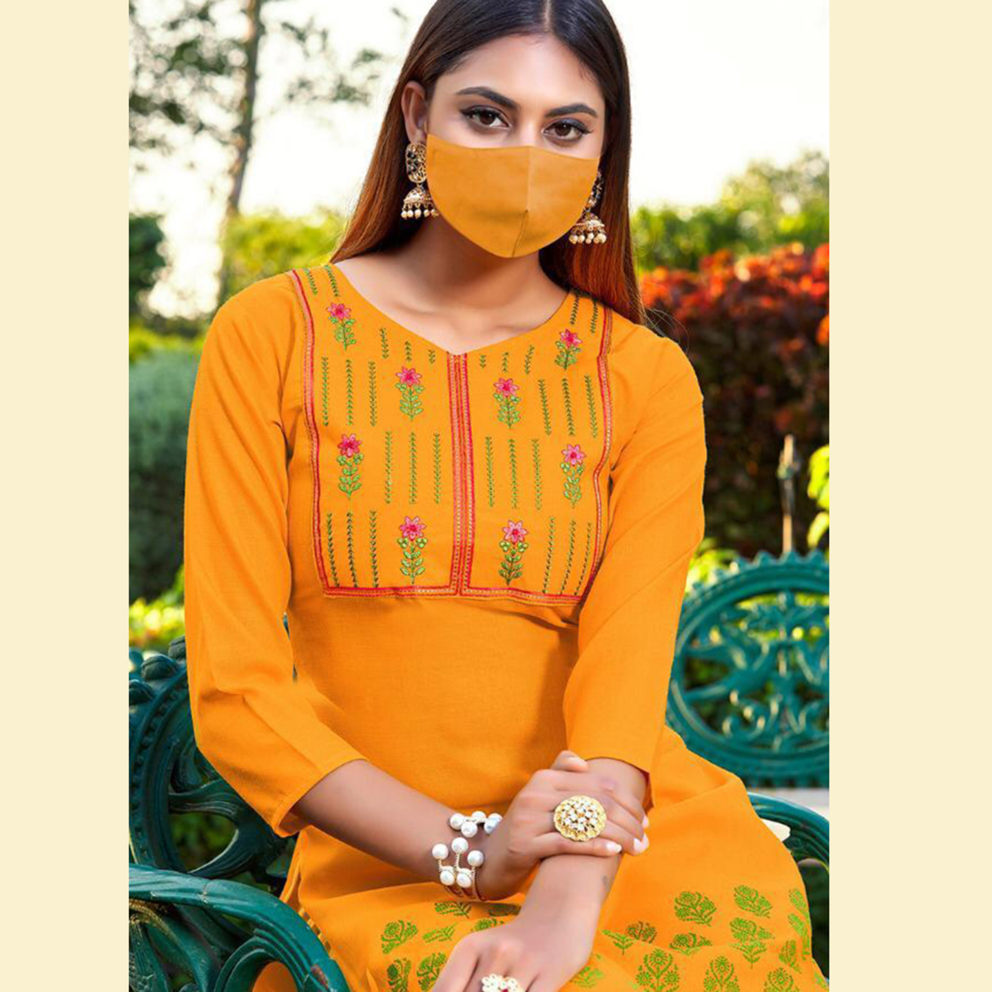Talk By Fashion Embroidered Straight Kurti with Mask
