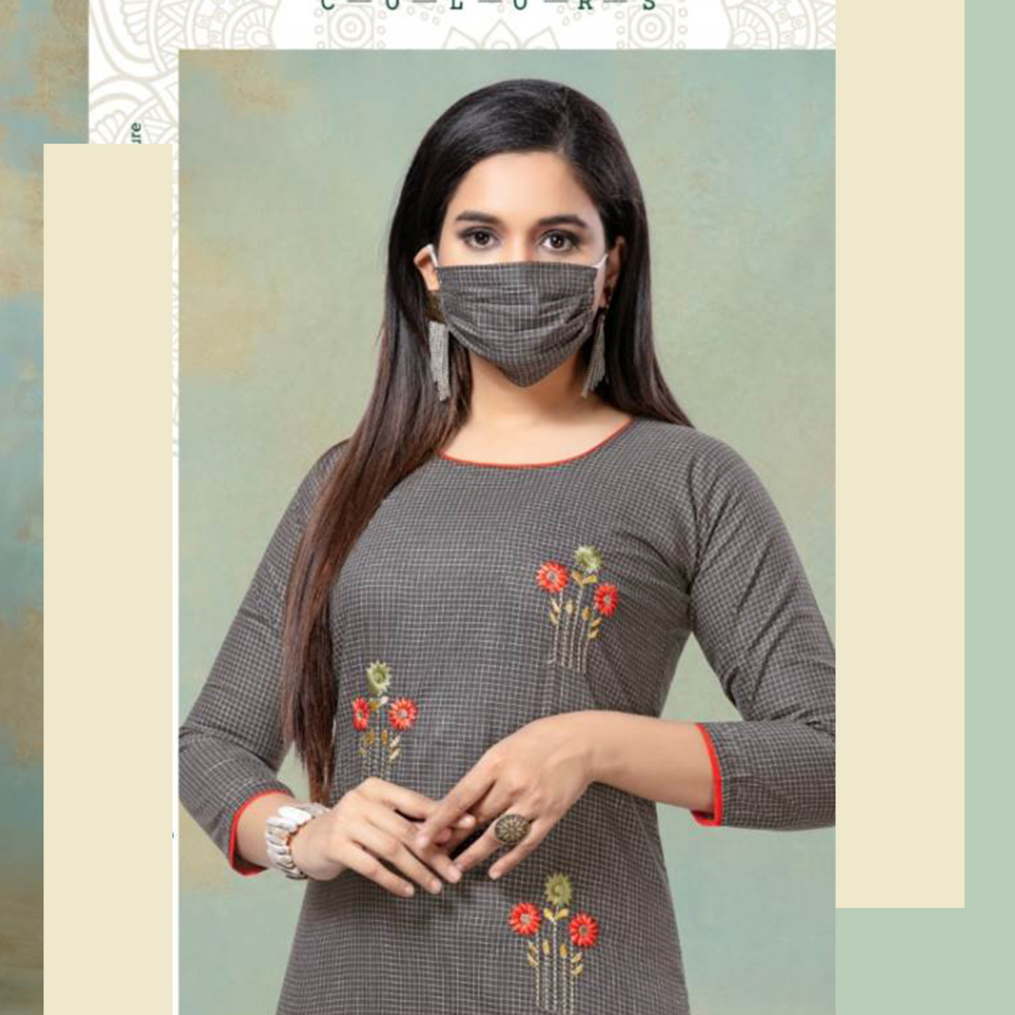 Talk By Fashion Women Soft Cotton Embroidered Kurti with mask Bluish Gray