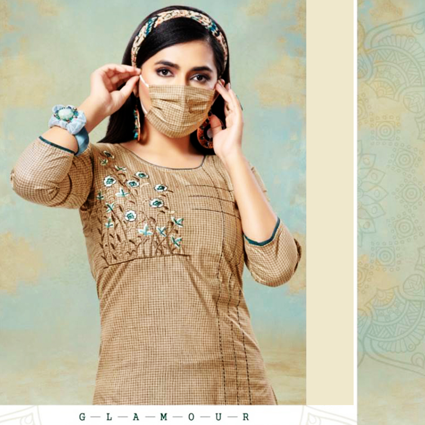 Talk By Fashion Women Soft Cotton Embroidered Kurti with mask Dark Beige