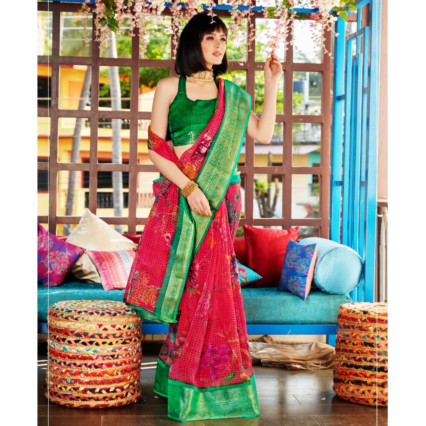 Talk By Fashion Women Pure Organza CollamSilk Saree Red with Green
