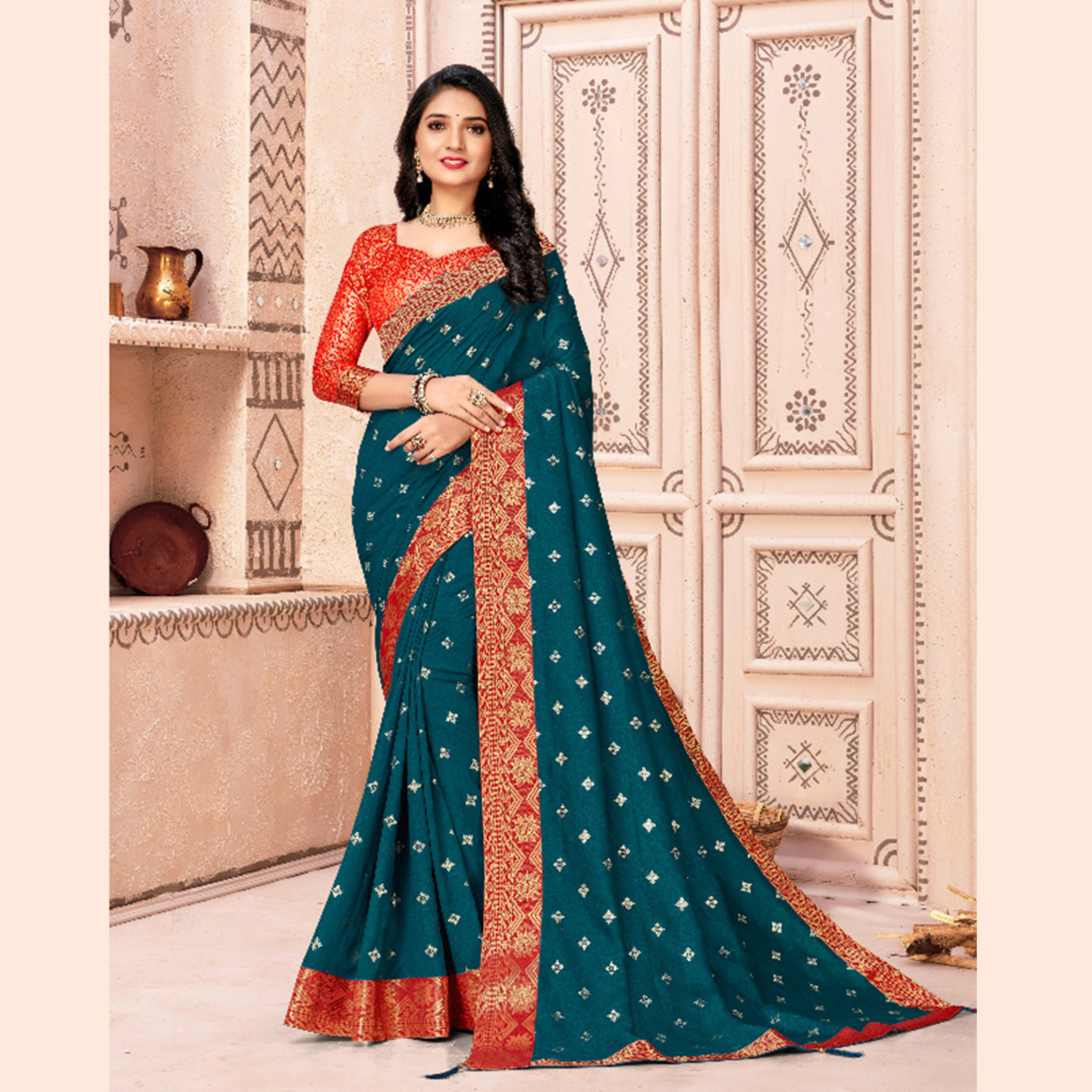 Talk By Fashion Women Vichitra Silk Wedding Wear Saree Blue with Mask