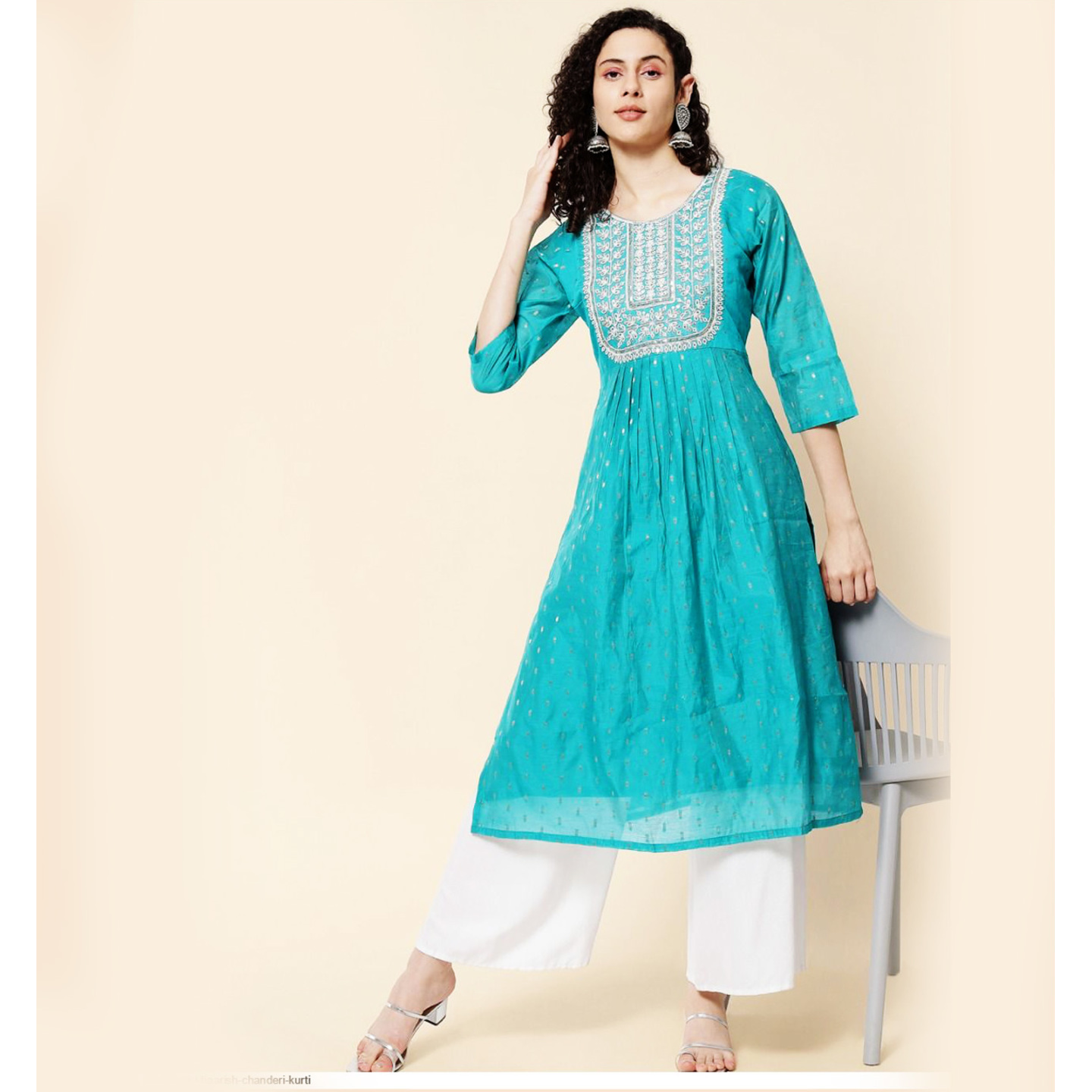 Talk By Fashion Women Viscose Chanderi Embroidered Naira Straight Kurti Sky Blue