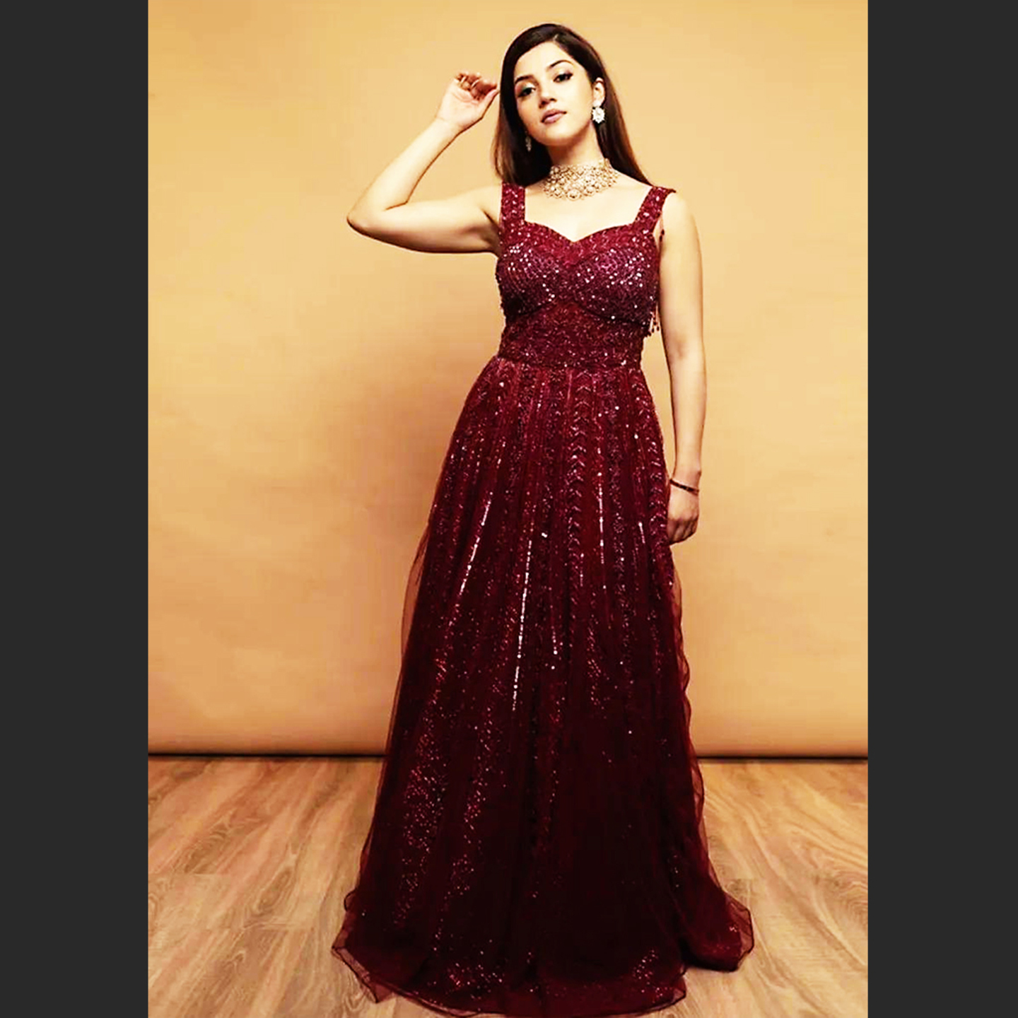Women Dark Cherry Color Net Embroidered Long Gown