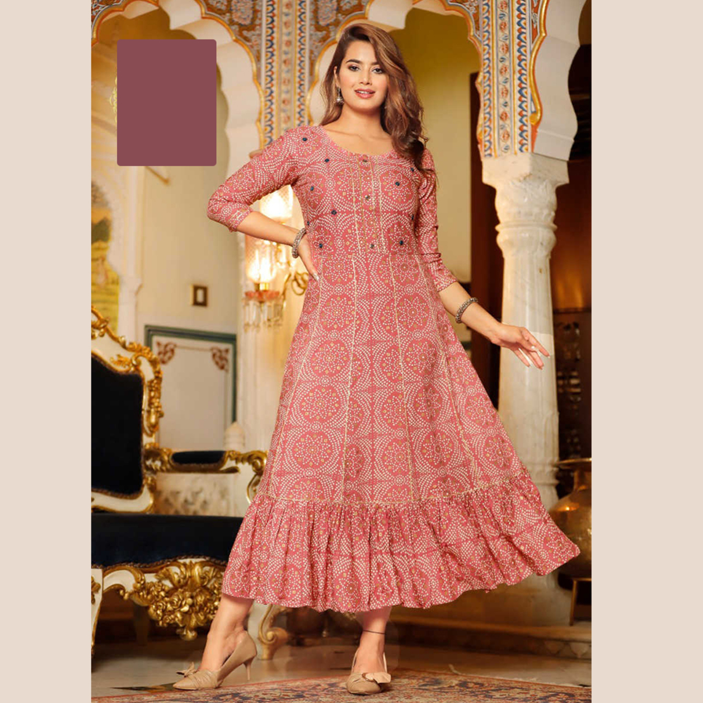 Talk By Fashion Women Light Brown Printed Anarkali Long Kurti