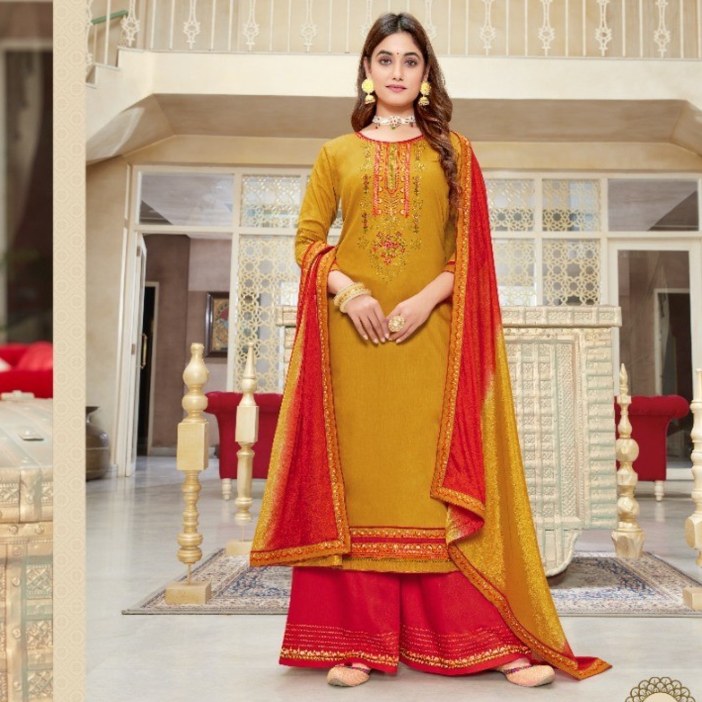 Women Golden Mustered with Red Color Pure Jam Silk Embroidered Kessi Dress Material