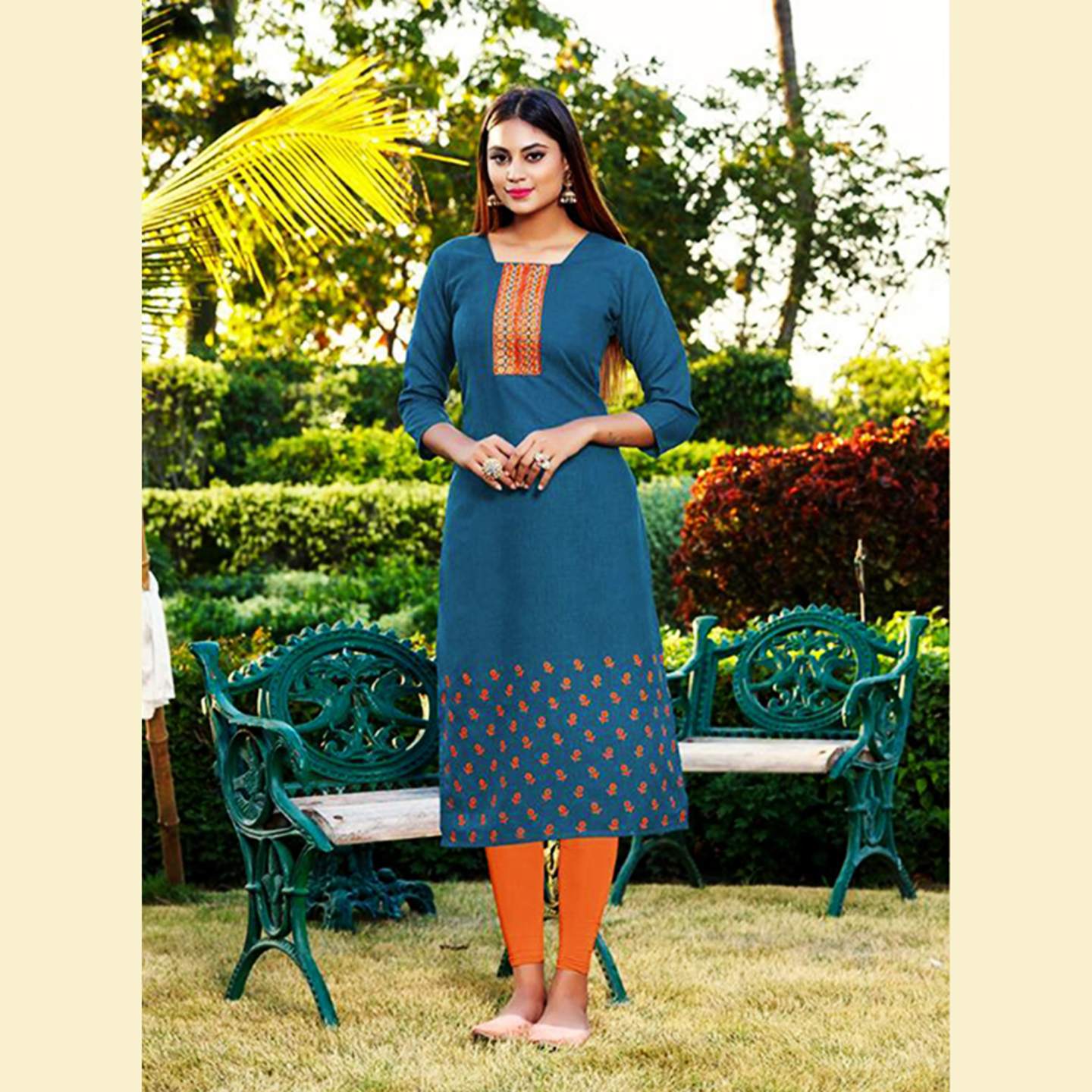 Talk By Fashion Embroidered Straight Kurti with Mask