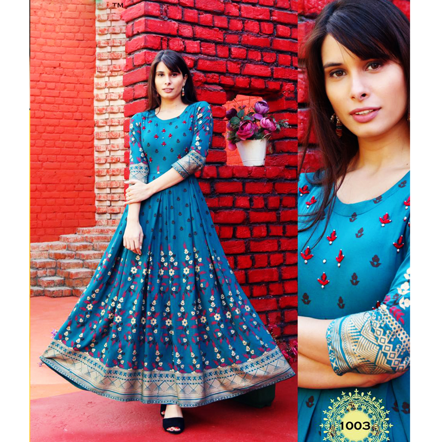 Talk By Fashion Heavy Gold Printed Flared Ethnic Wear Gown Dress