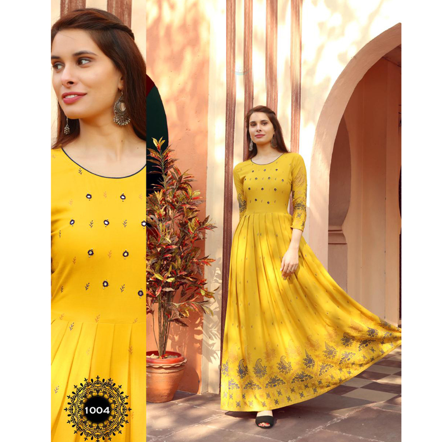Talk By Fashion Heavy Gold Printed Flared Ethnic Wear Gown Dress
