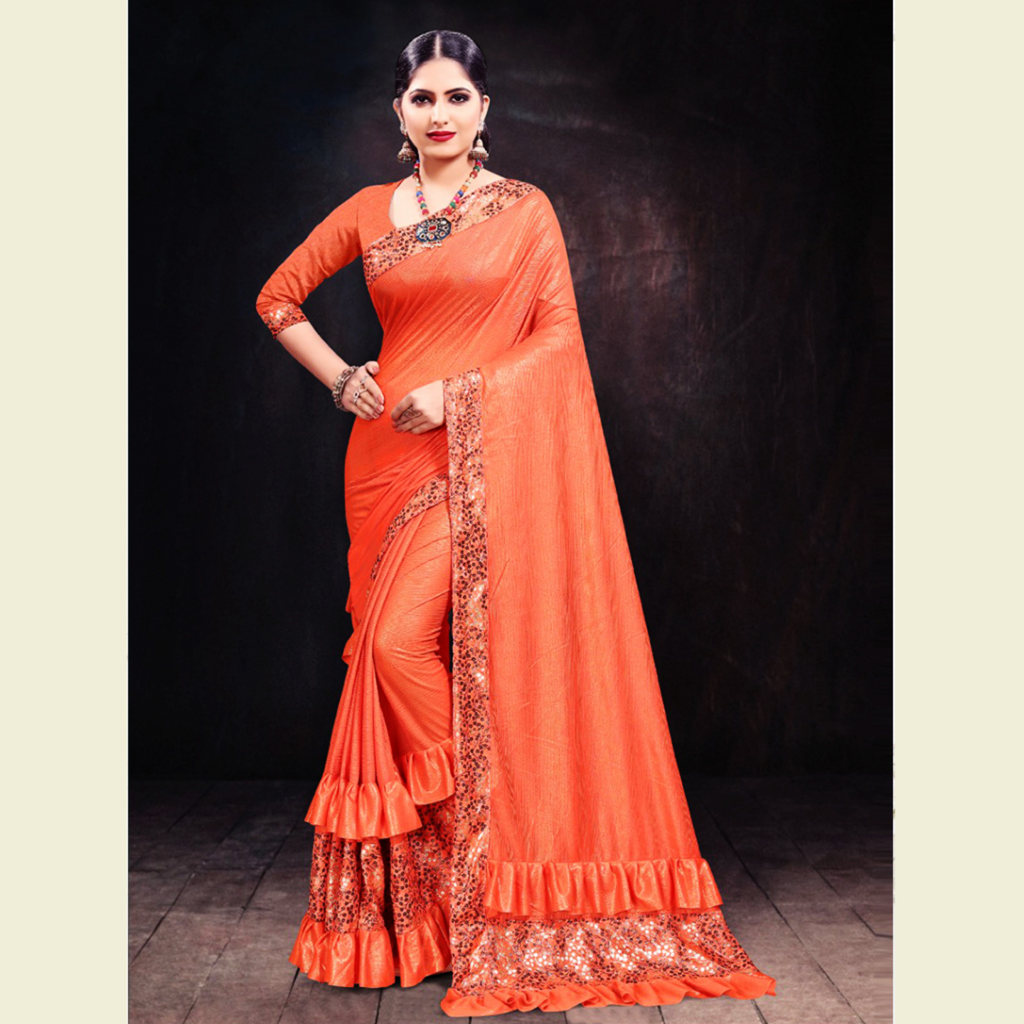 Talk By Fashion Women Heavy Shimmer Lycra Party Wear Saree Orange