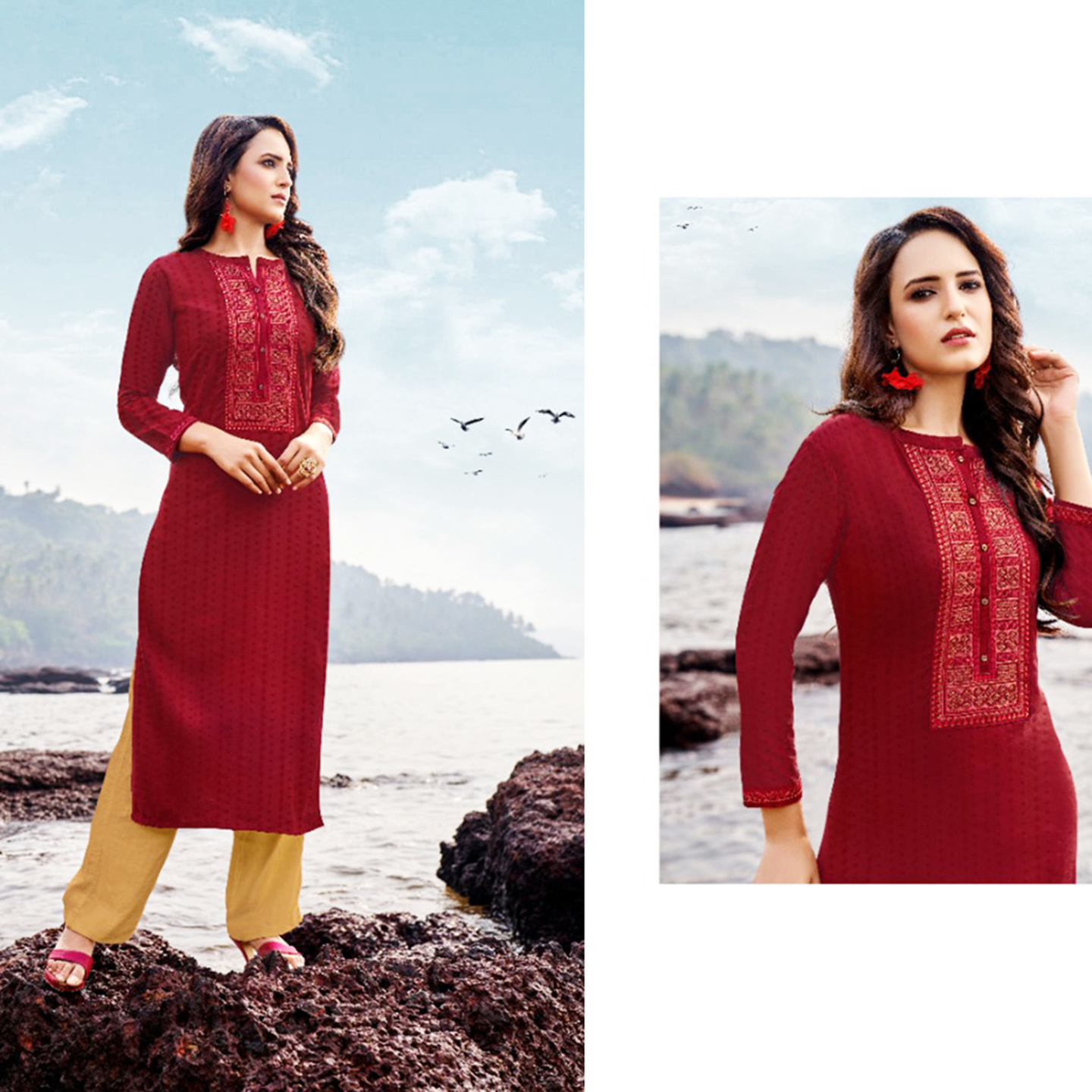 Women Dark Maroon Embroidered Straight Kurta