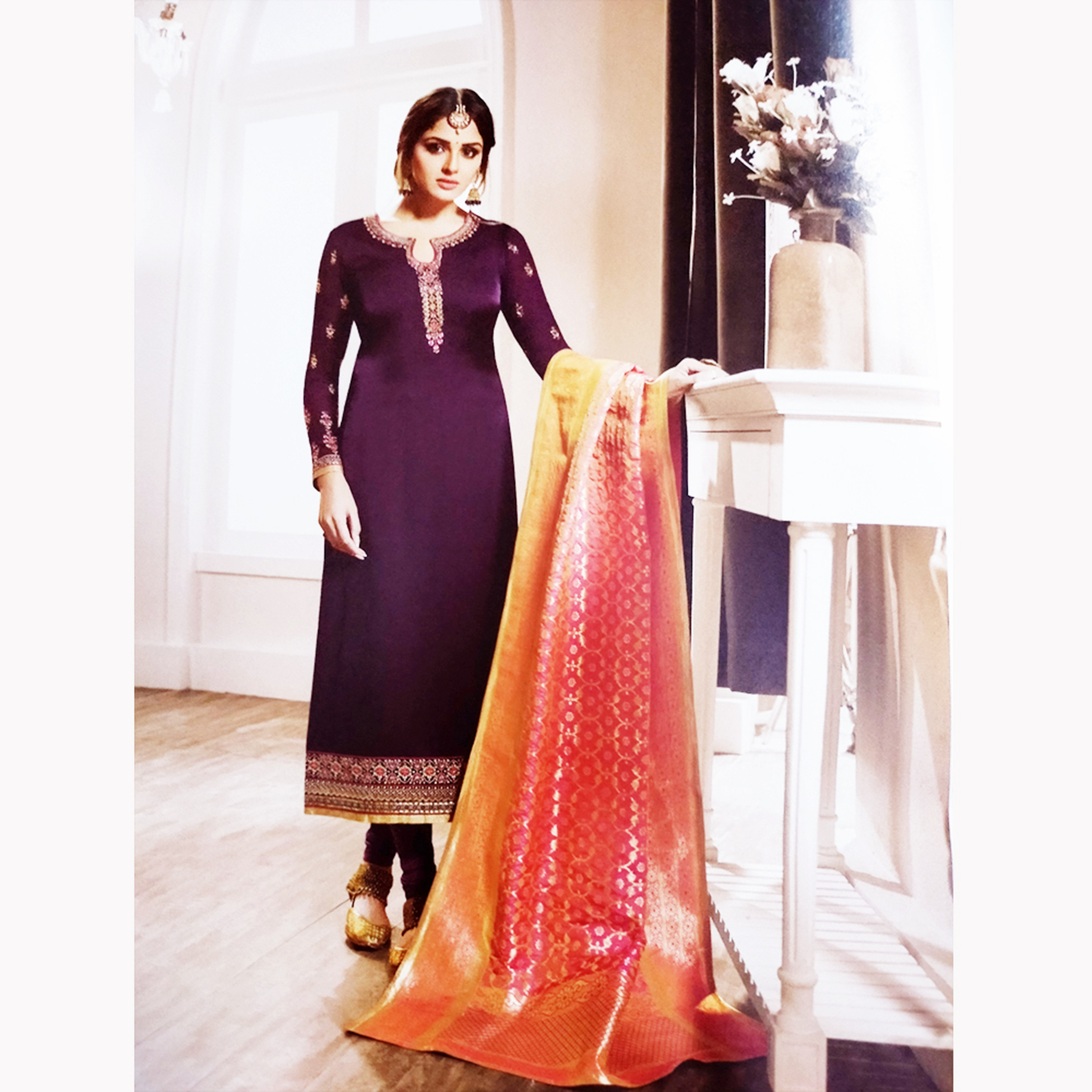 Talk By Fashion Women Satin Georgette Embroidered Dress Material Dark Purple