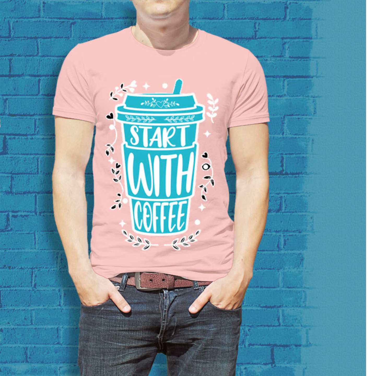 Talk By Fashion Start With Coffee Graphic T-shirt for Men Pink
