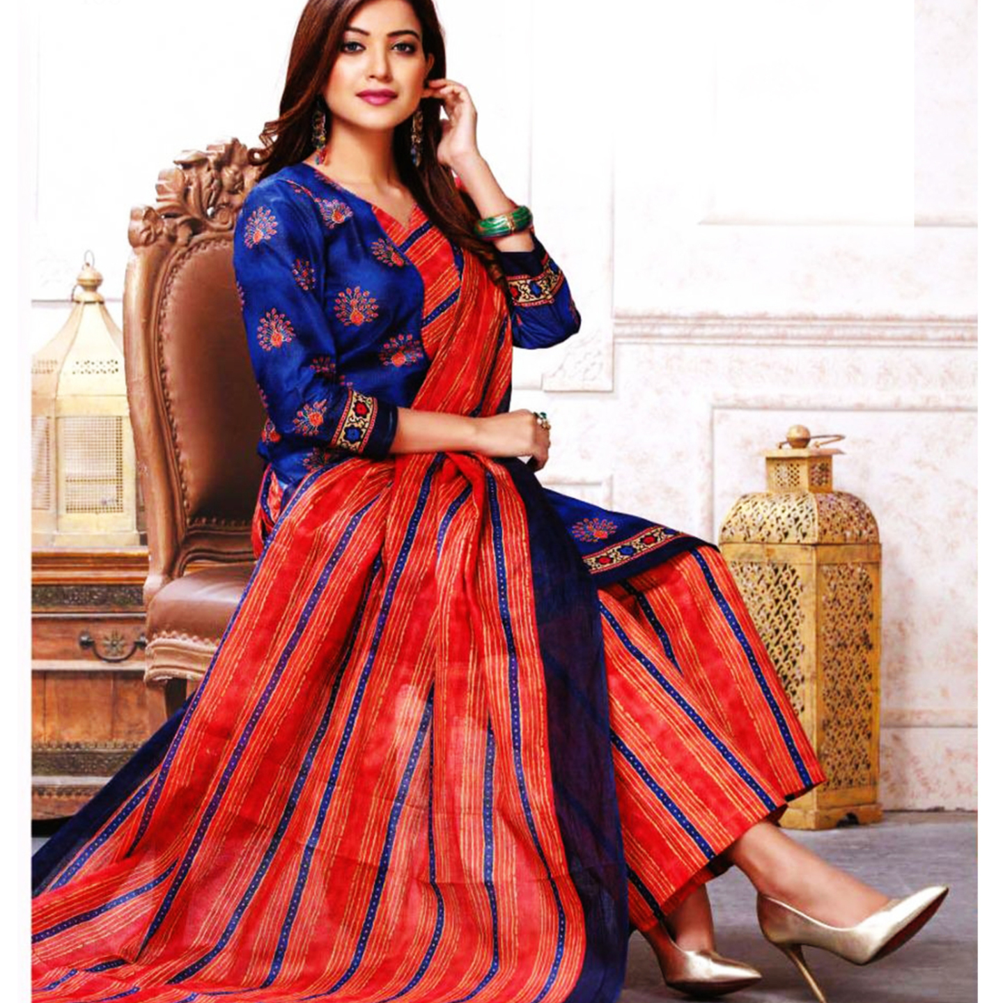 Talk By Fashion Women Soft Cotton Dress Material Blue with Red Combination