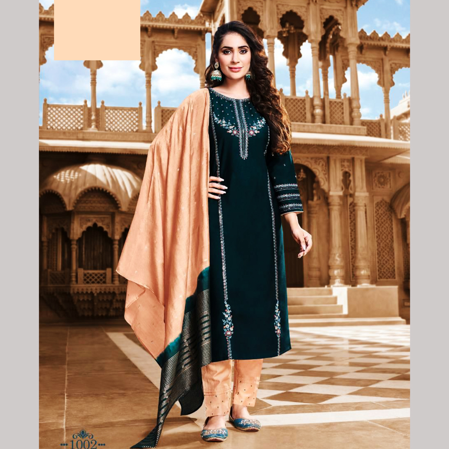 TALK BY FASHION Women Viscose Silk Kurta with Pants & Dupatta Bottle Green & Light Peach
