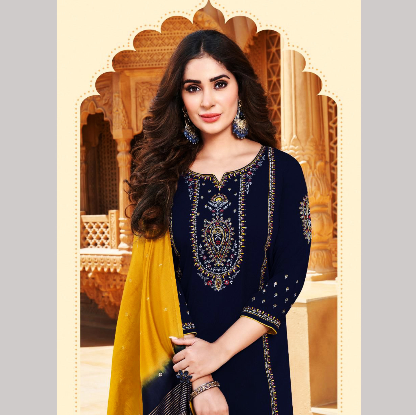 TALK BY FASHION Women Viscose Silk Kurta with Pants & Dupatta Dark Blue & Yellow