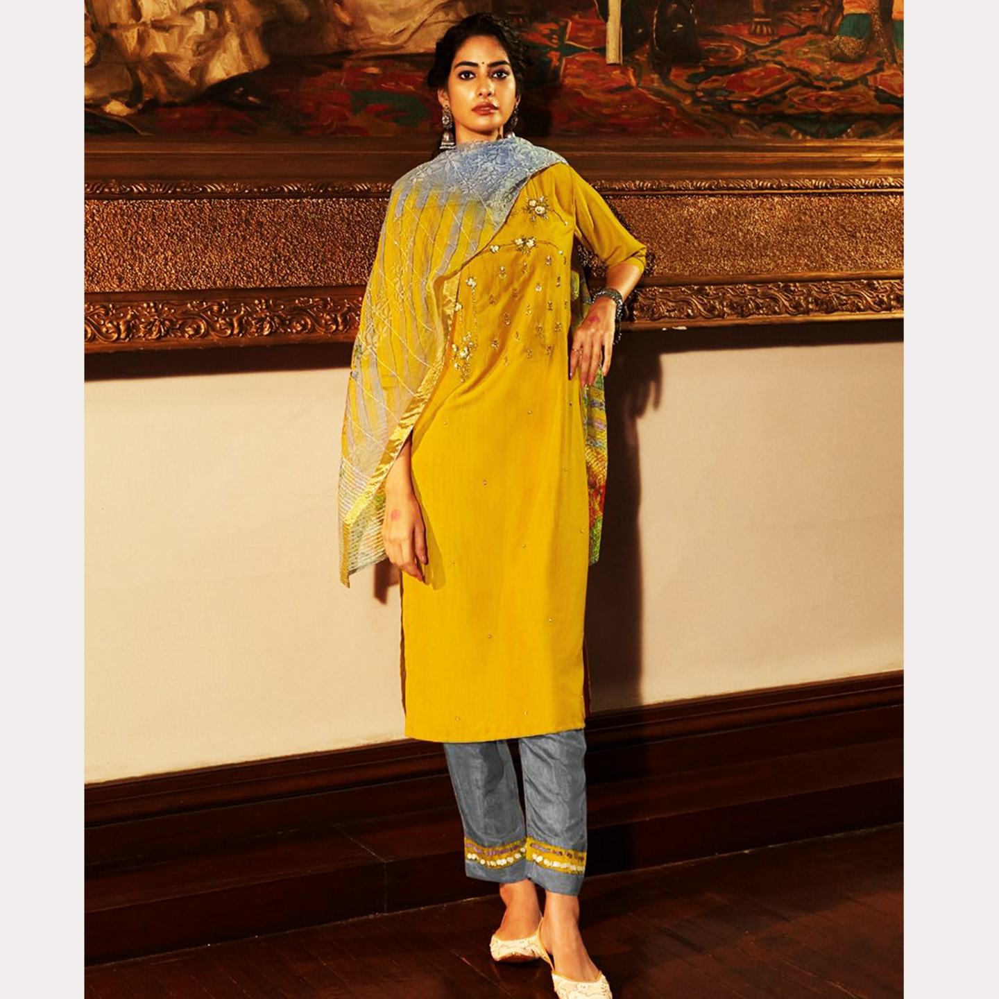TALK BY FASHION Women Embroidered Kurta with Pants & Dupatta Yellow
