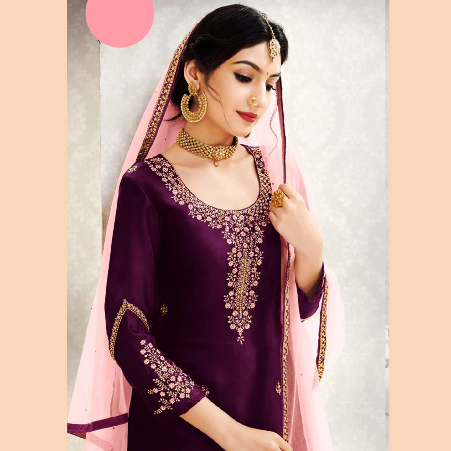 Talk By Fashion Women Wine Color Embroidered Kurta with Palazzo & Dupatta