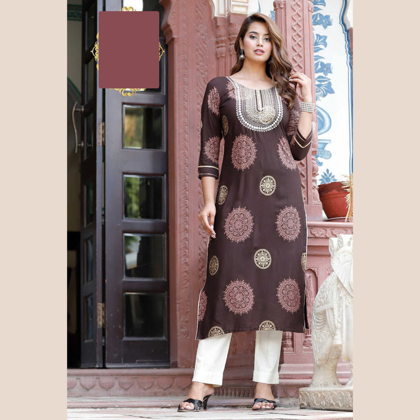 Talk By Fashion Women Dark Brown Embroidered Straight Long Kurti