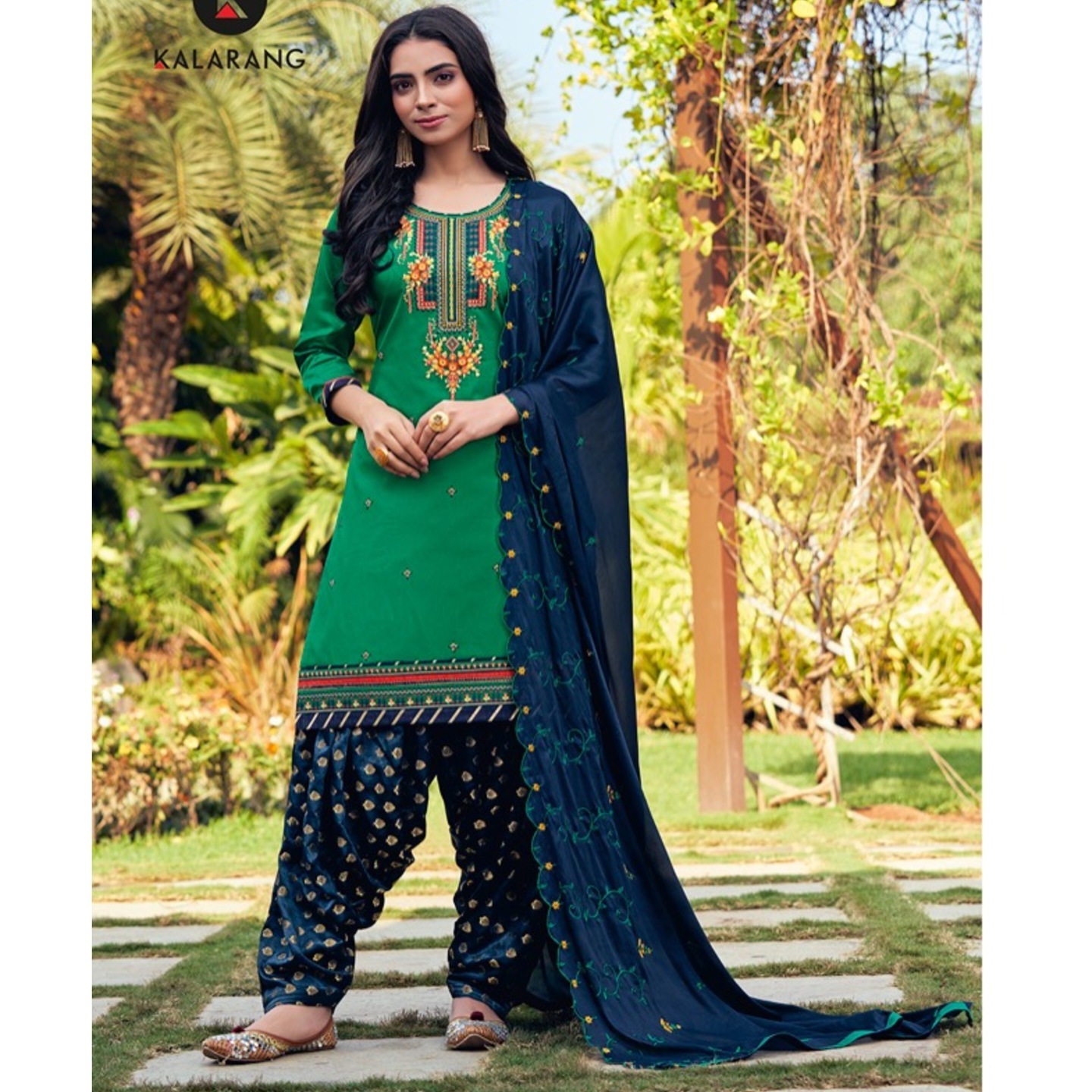 Women Sea Green with Blue Color Jam Silk Embroidered Kessi Dress Material